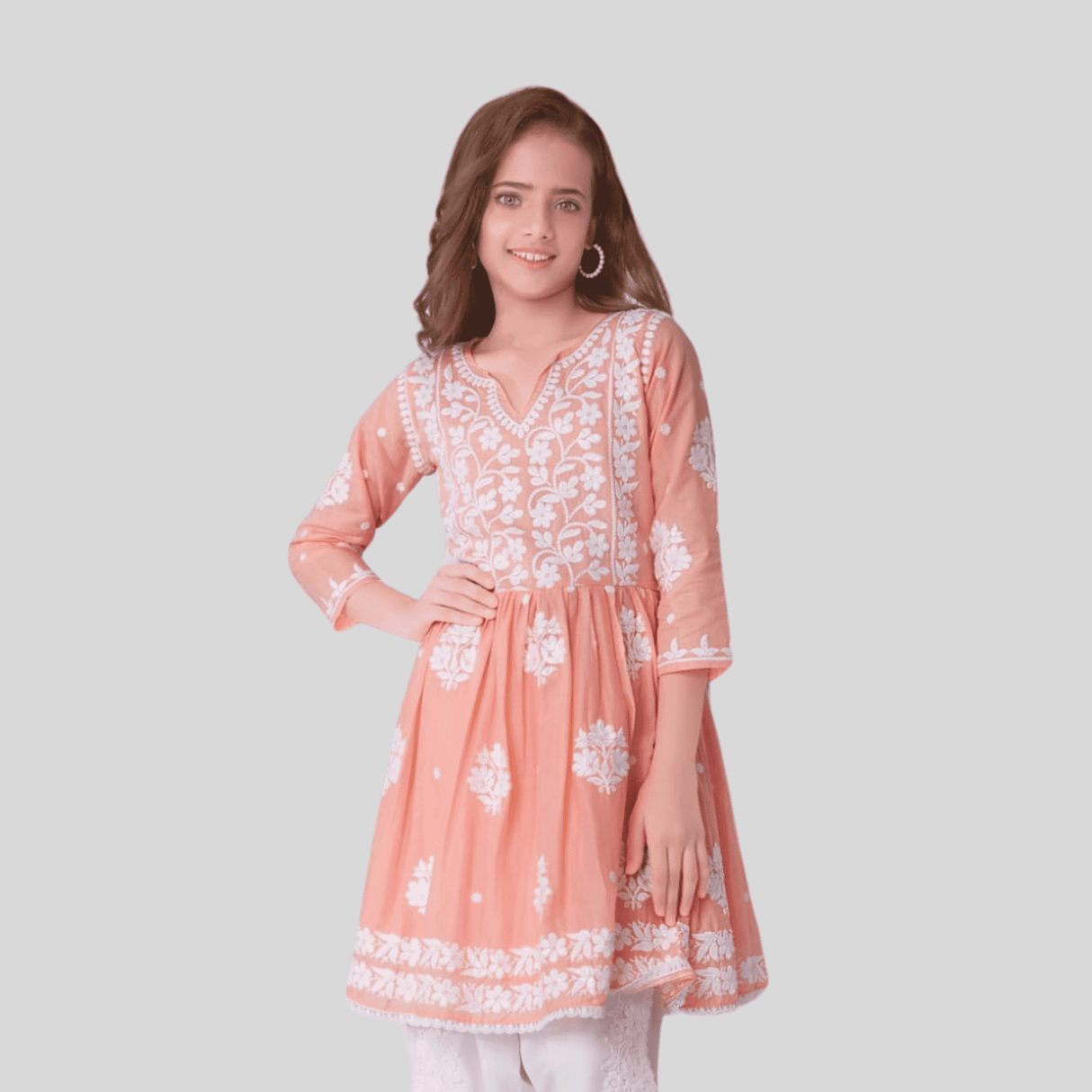 Girls Traditional 3/4th Sleeve Dhoti Set - Peach