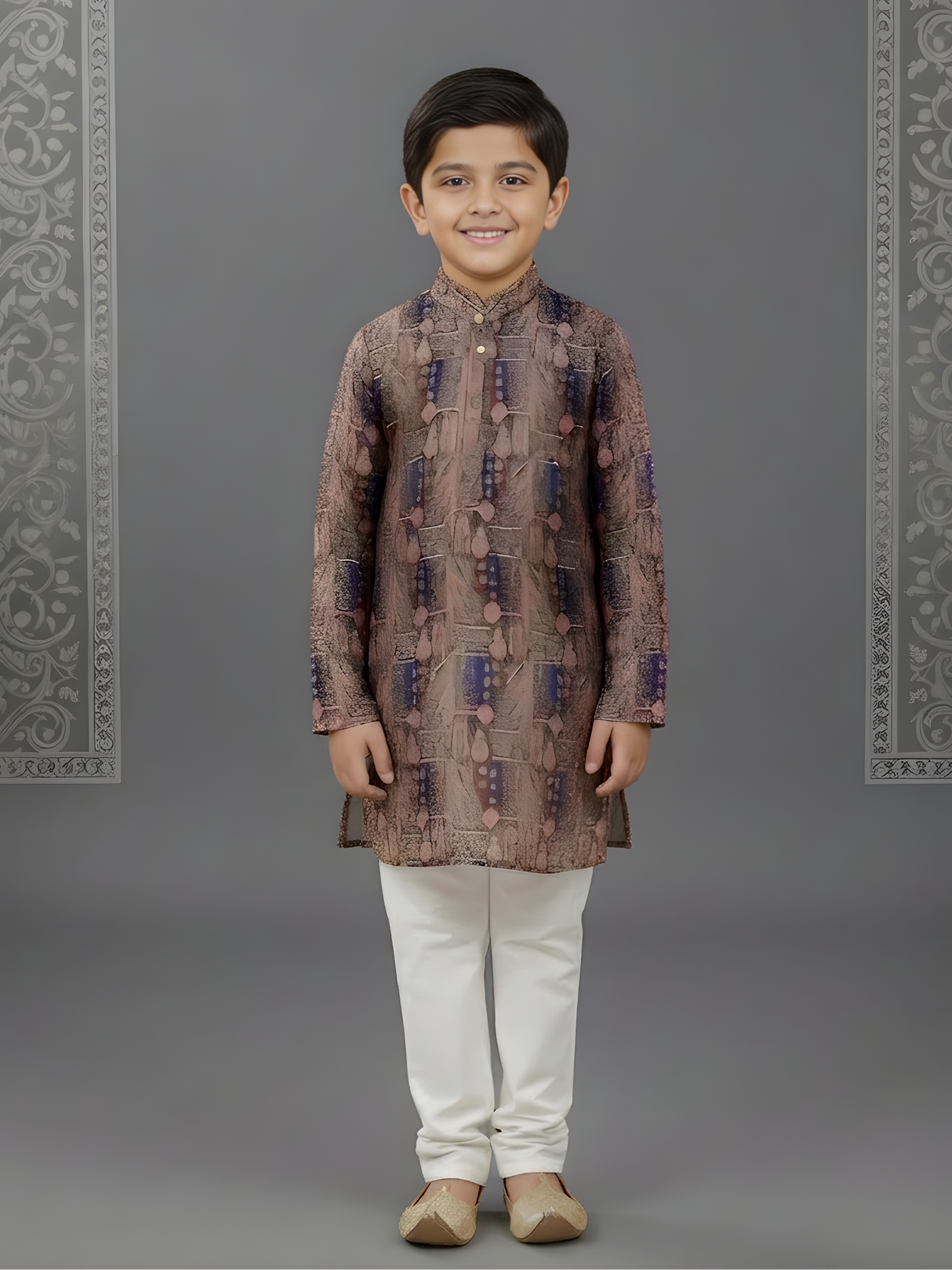 Boys' Mauve & Navy Printed Kurta with White Pyjama Set