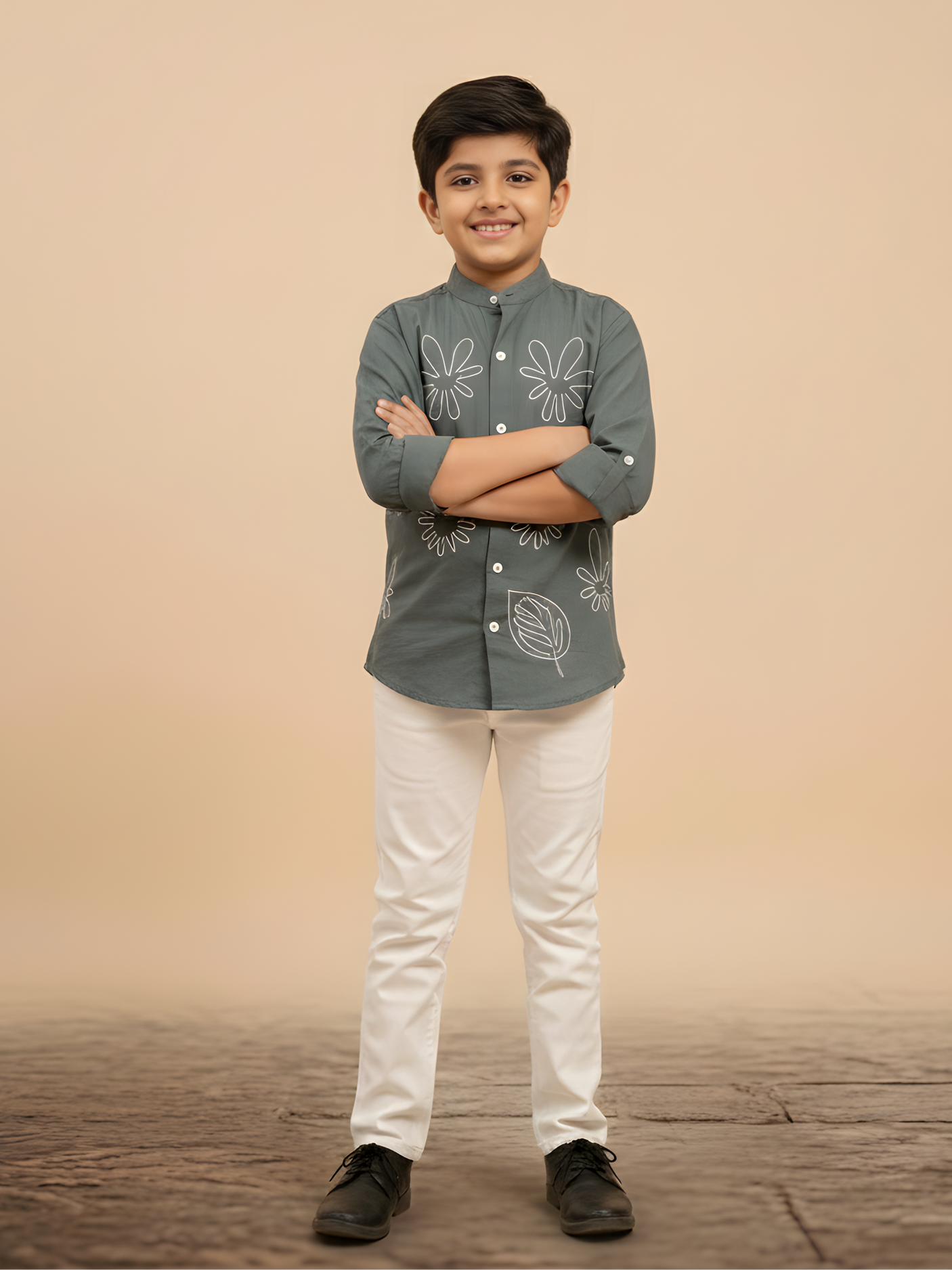 Boys' Dark Green Roll-Up Shirt with White Floral/Leaf Embroidery