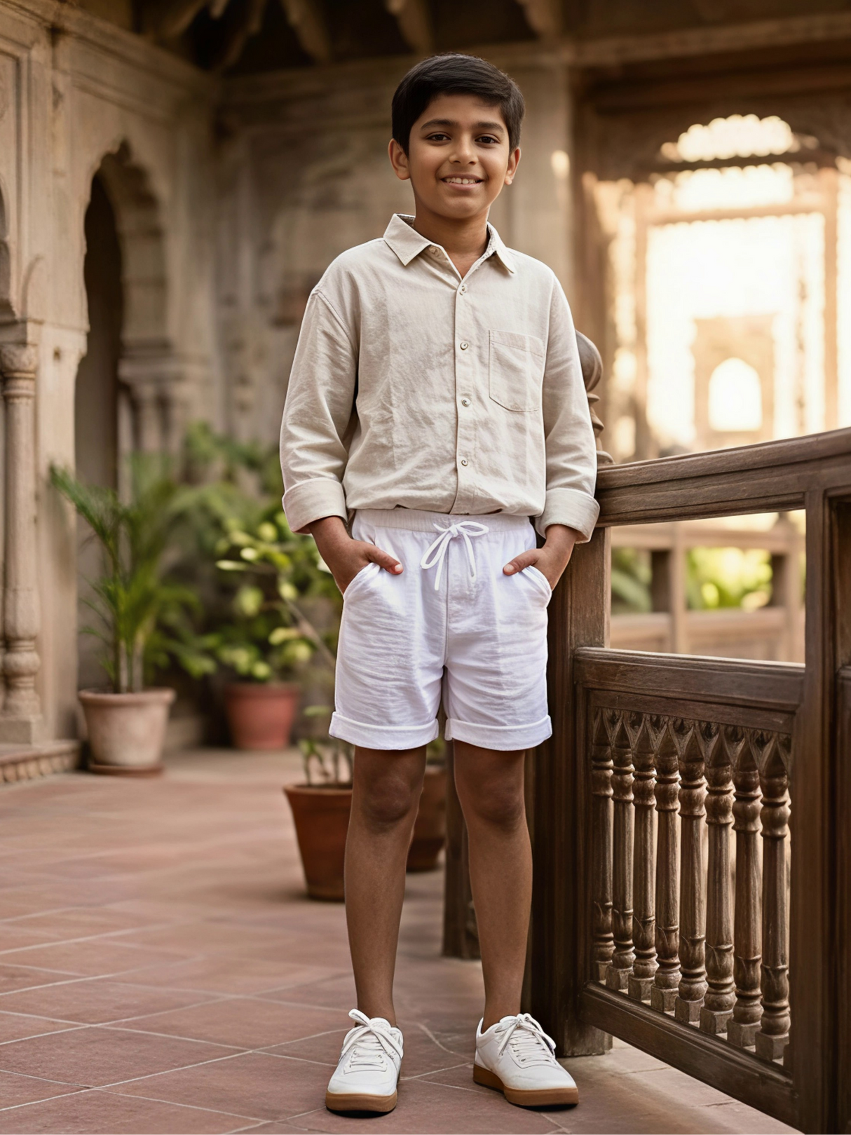 Boys' Classic White Linen-Blend Drawstring Shorts