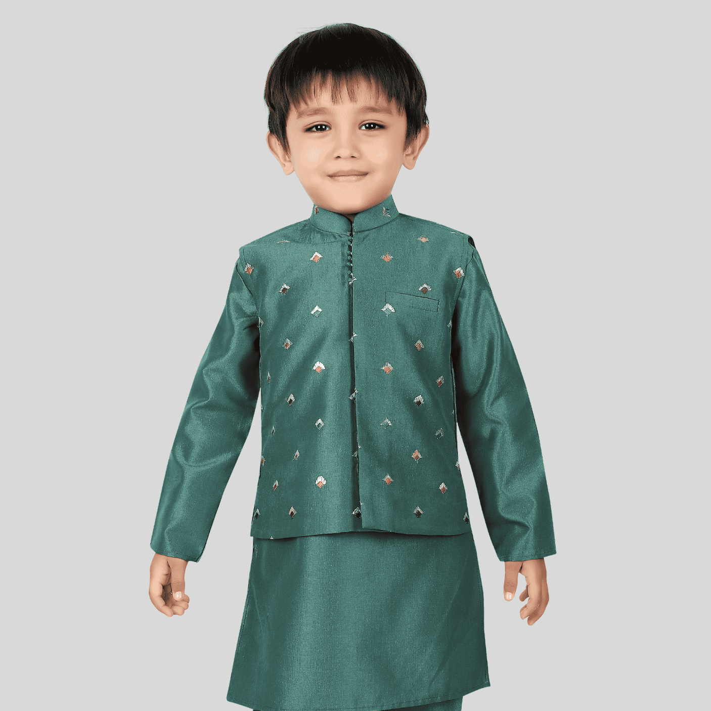 Boys Traditional With Work Chudidar Kurta with Koti - Green
