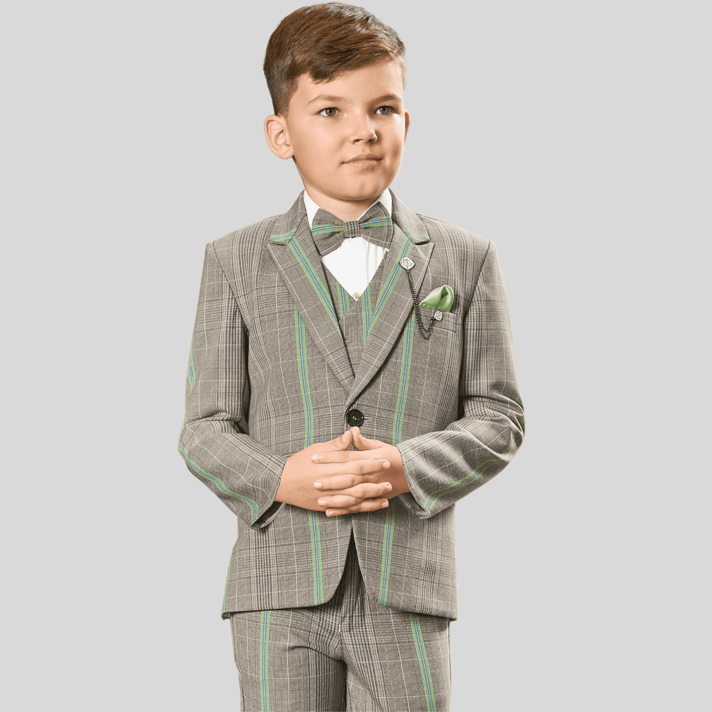 Boys Party 5 Piece Suit With Bow-Grey