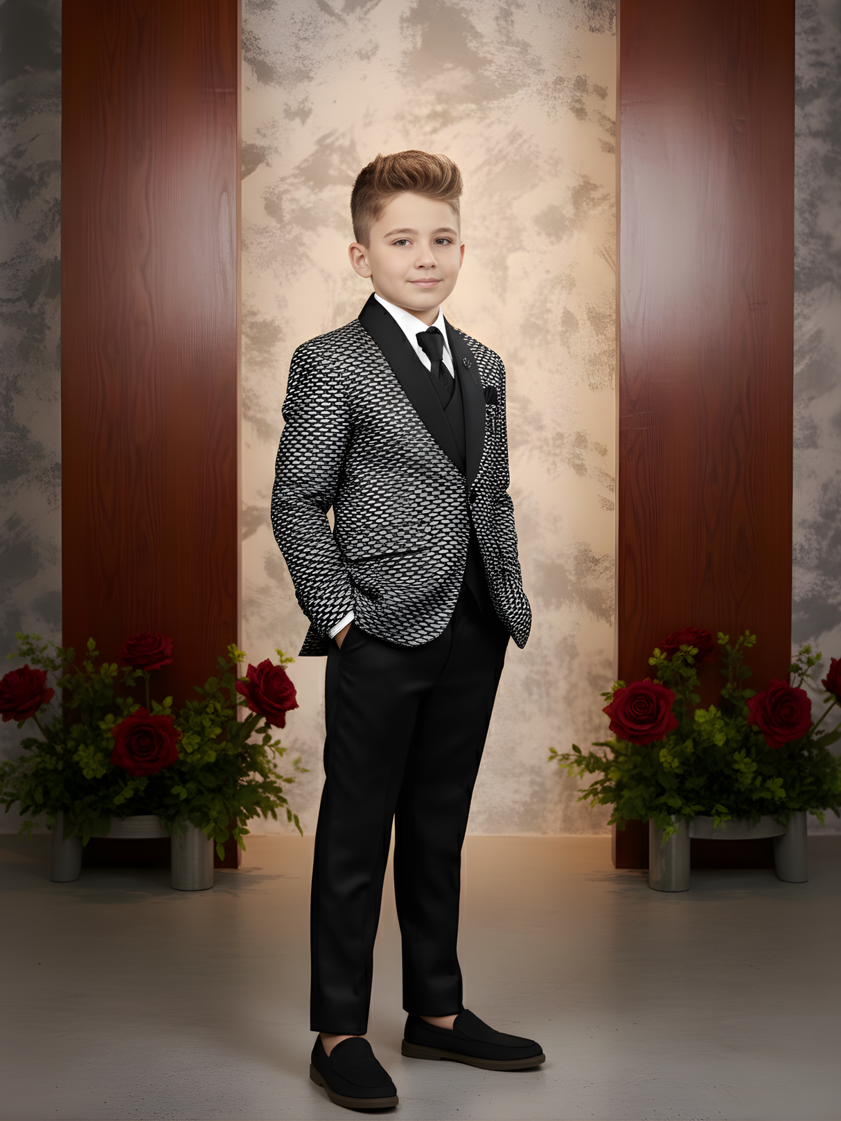 Boys' Black Tuxedo Suit with Silver Embroidered Shoulder and Bow Tie