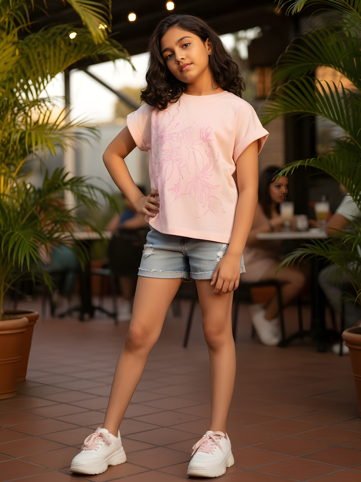 Girls Pastel Pink Relaxed-Fit Floral Outline Fashion Top..