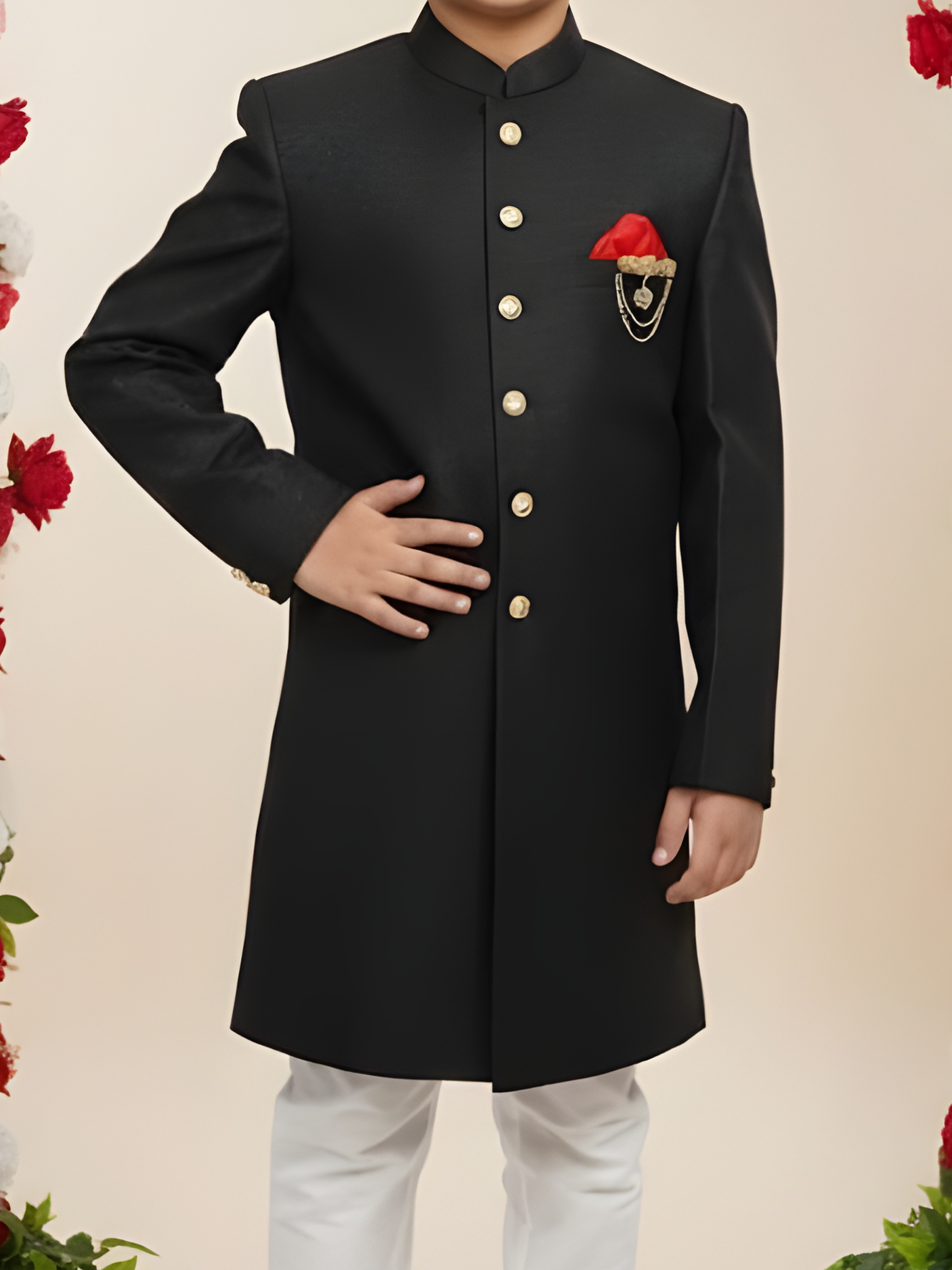Boys' Classic Black Textured Sherwani Suit with White Churidar