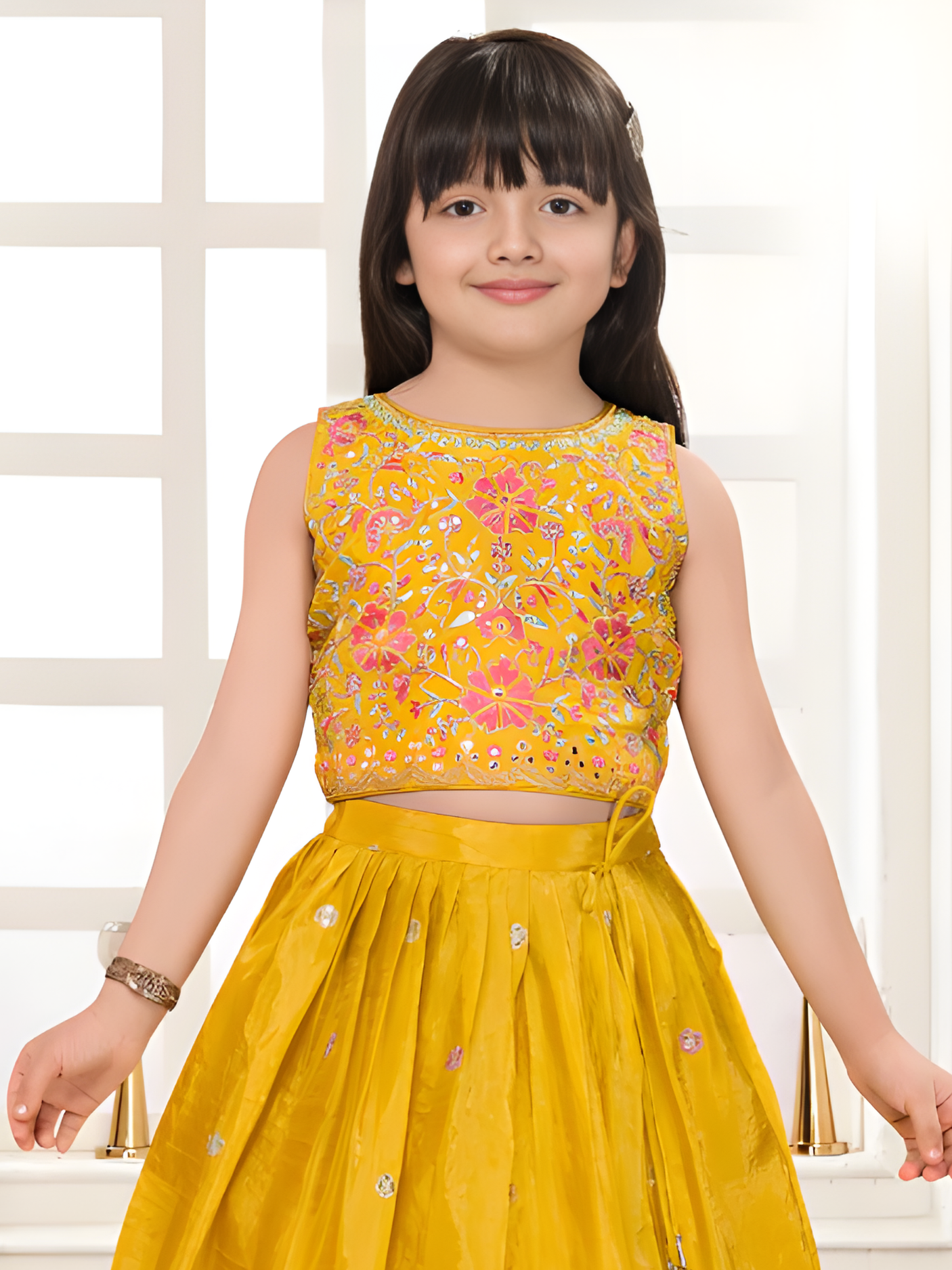 Girls' Vibrant Mustard Yellow Embroidered Lehenga Choli Set.