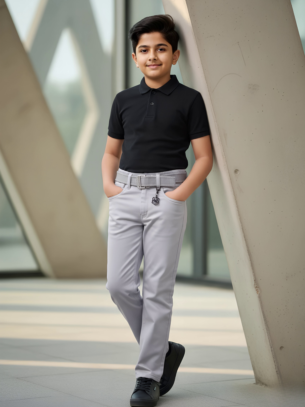 Boys' Light Grey Wash Denim Jeans with Black Contrast Belt.