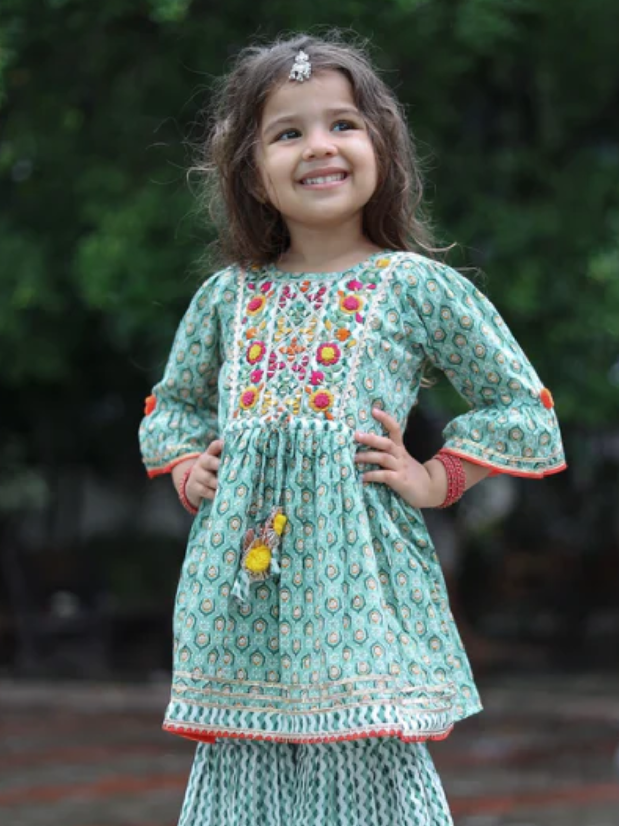 Girls Traditional 3/4th Sleeves Sharara Set - Green