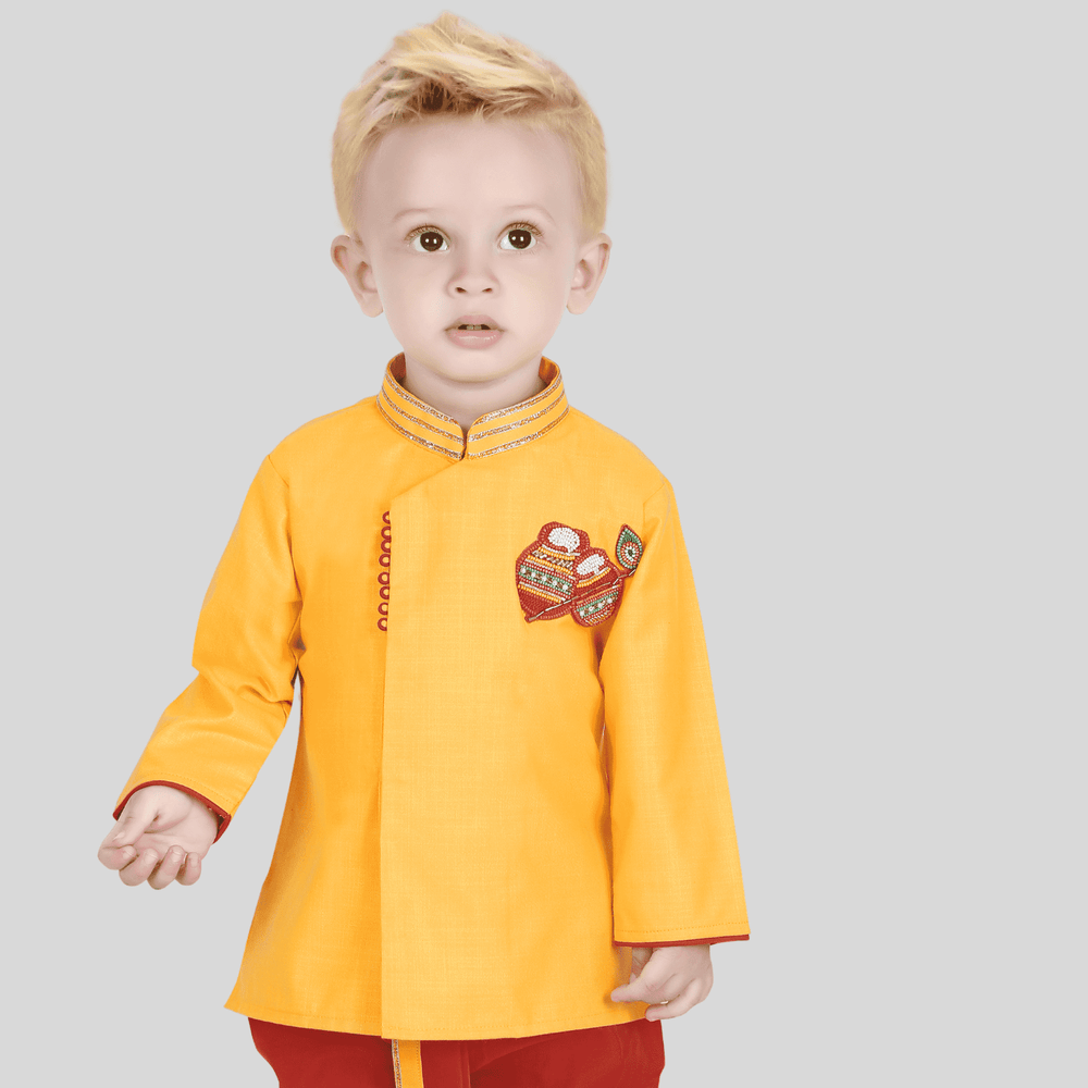 Boys Traditional Printed Chudidar Kurta Set - Yellow