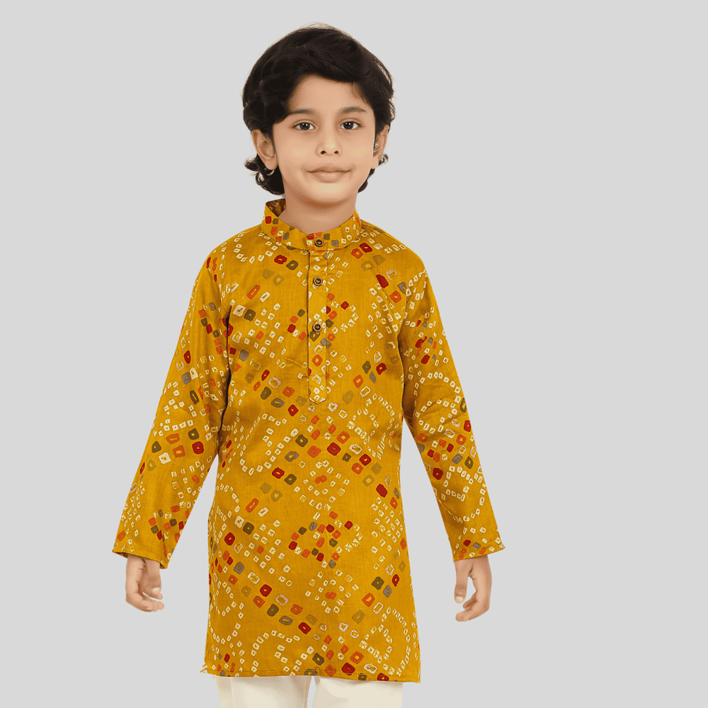 Boys Traditional Printed Chudidar Kurta Set - Gold.