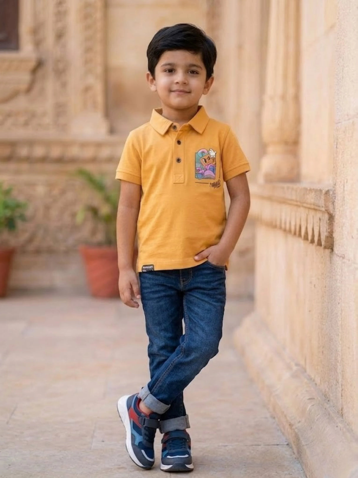 Boys Classic Orange Polo T-Shirt with Graphic Detail