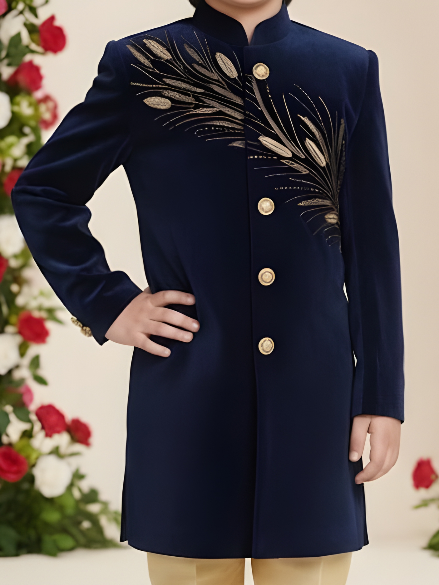 Boys' Black Velvet Indo-Western Sherwani with Gold Zari Embroidery and Trousers Set