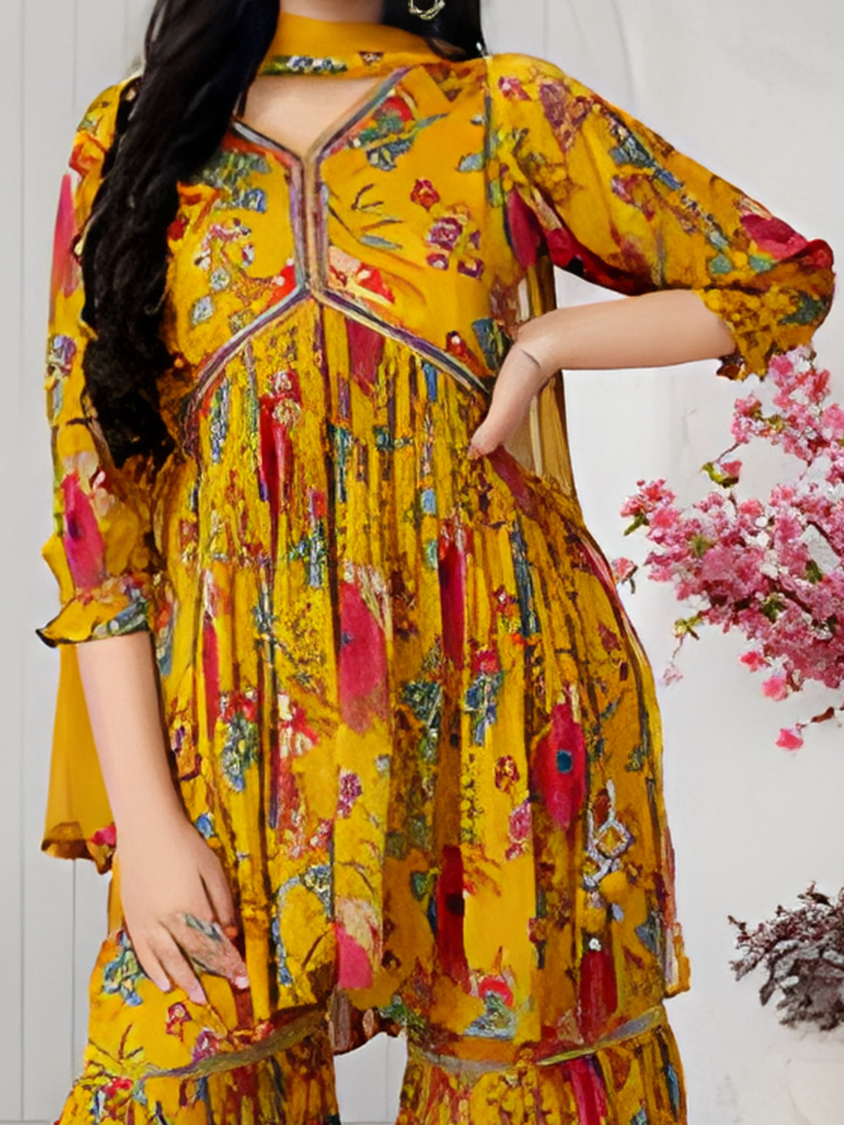 Girls Traditional 3/4th Sleeves Sharara Set - Yellow