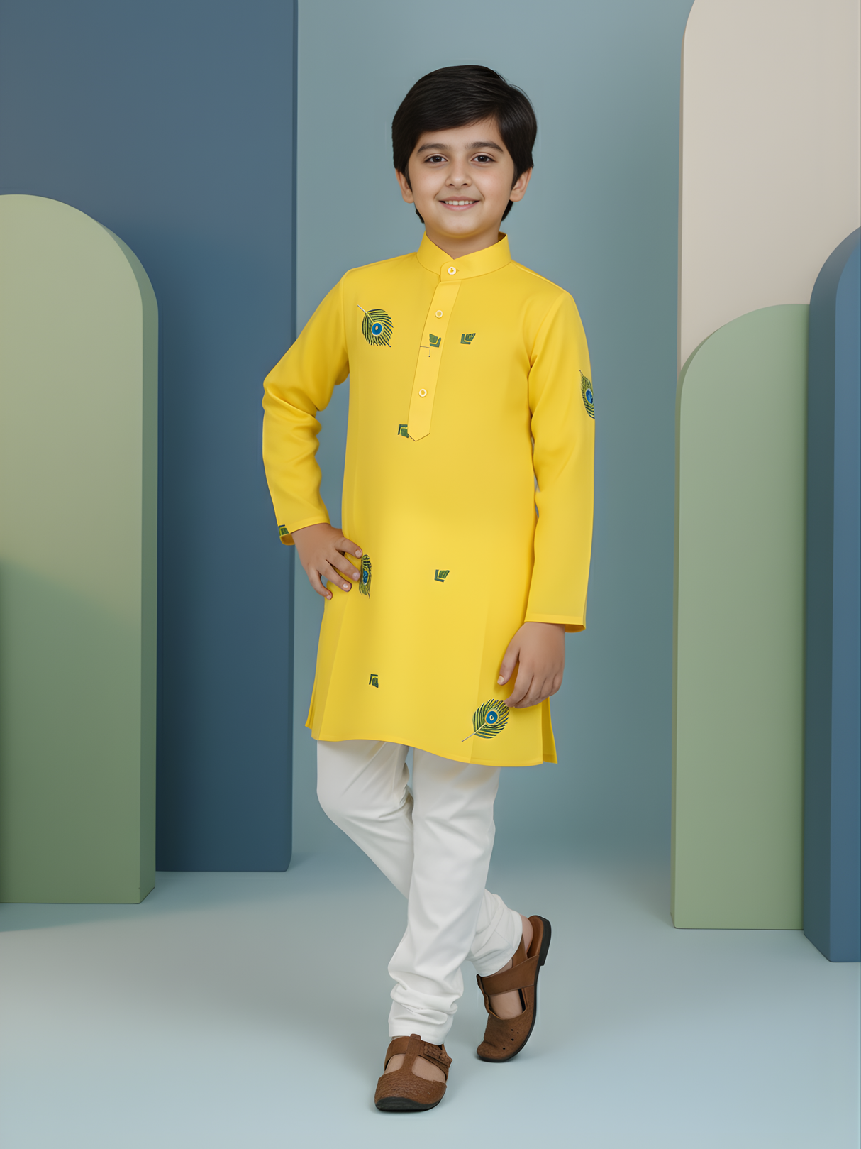 Boys' Festive Yellow Angrakha Kurta and Red Dhoti Set with Patchwork Applique
Handle