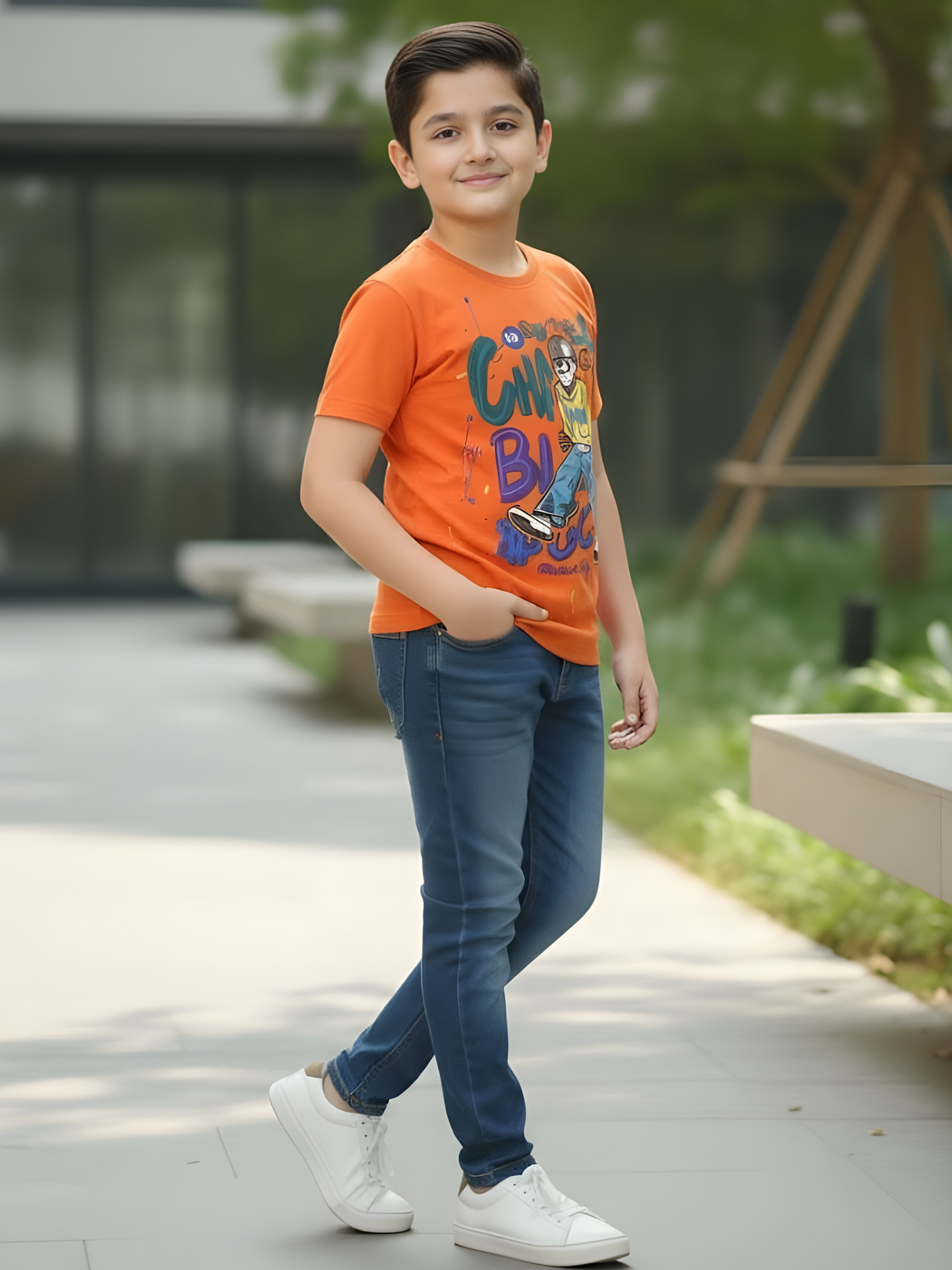 Boys' Neon Orange Street Art Graphic Tee with 90s Vibe Print