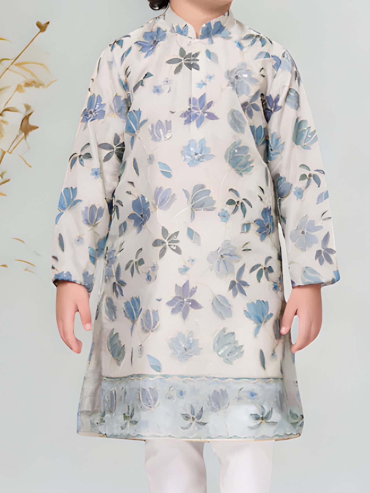 Boys' Cream & Blue Floral Embroidered Kurta Pajama Set.