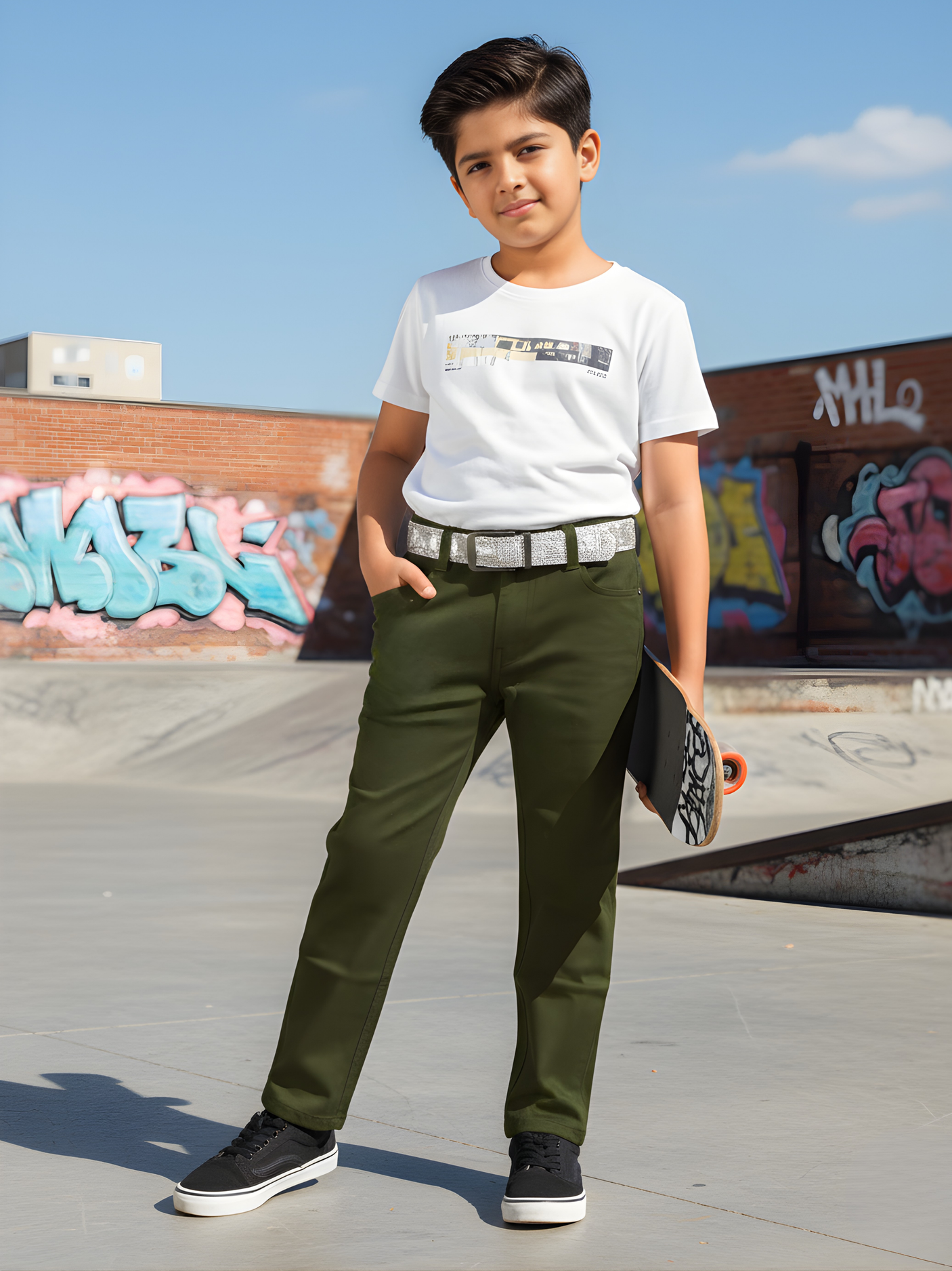 Boys' Classic Olive Green Regular Fit Casual Trousers with Complimentary Belt