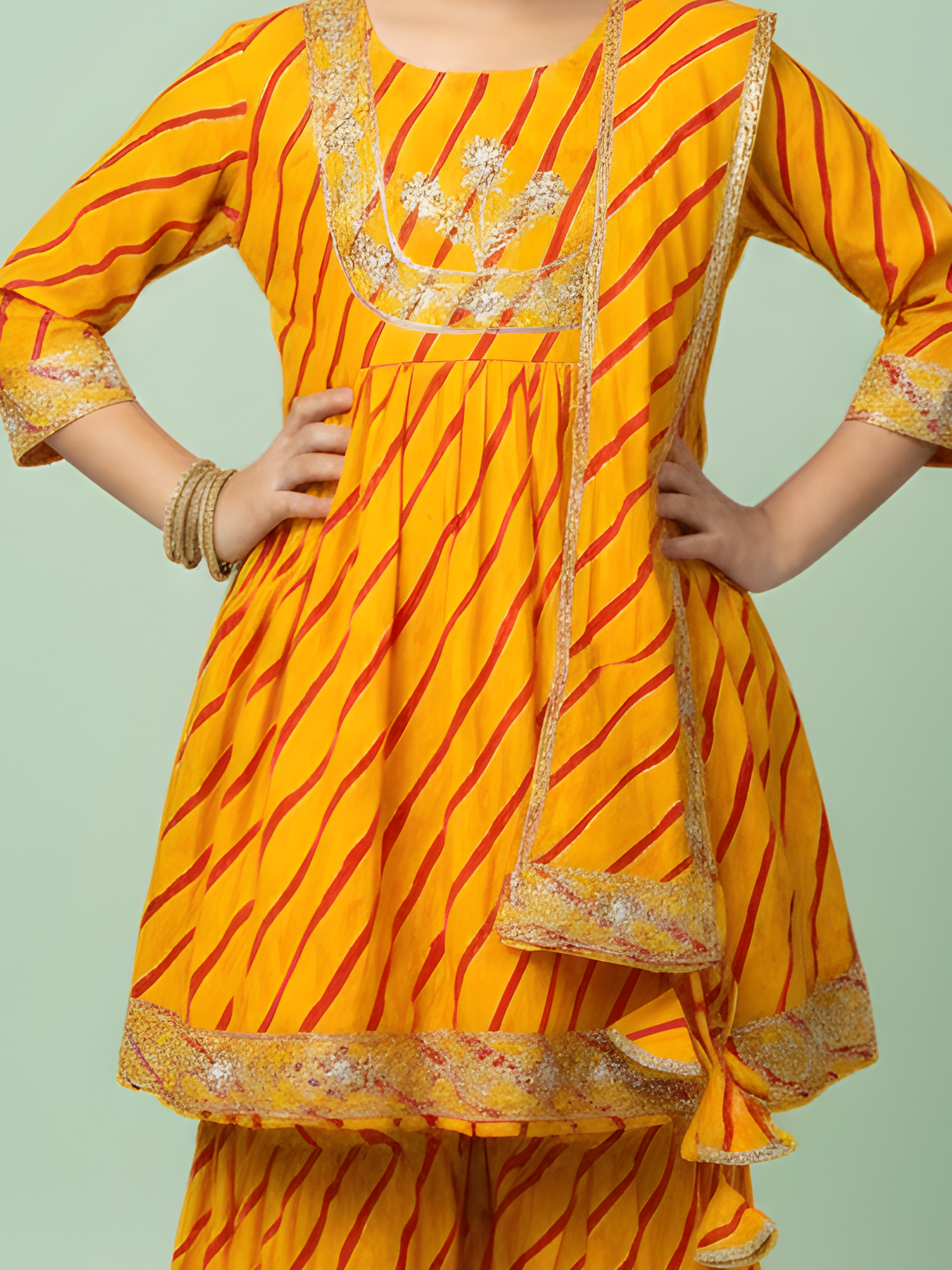 Girls' Yellow Leheriya Print Sharara and Dupatta