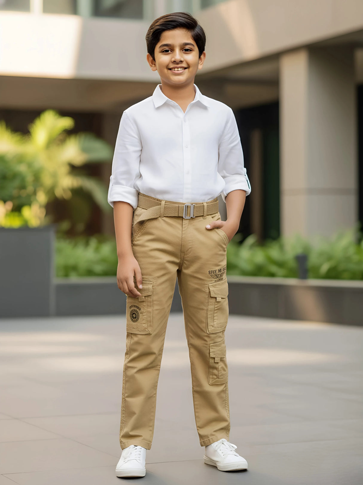 Boys' Khaki Multi-Pocket Cotton Cargo Pants with Webbing Belt