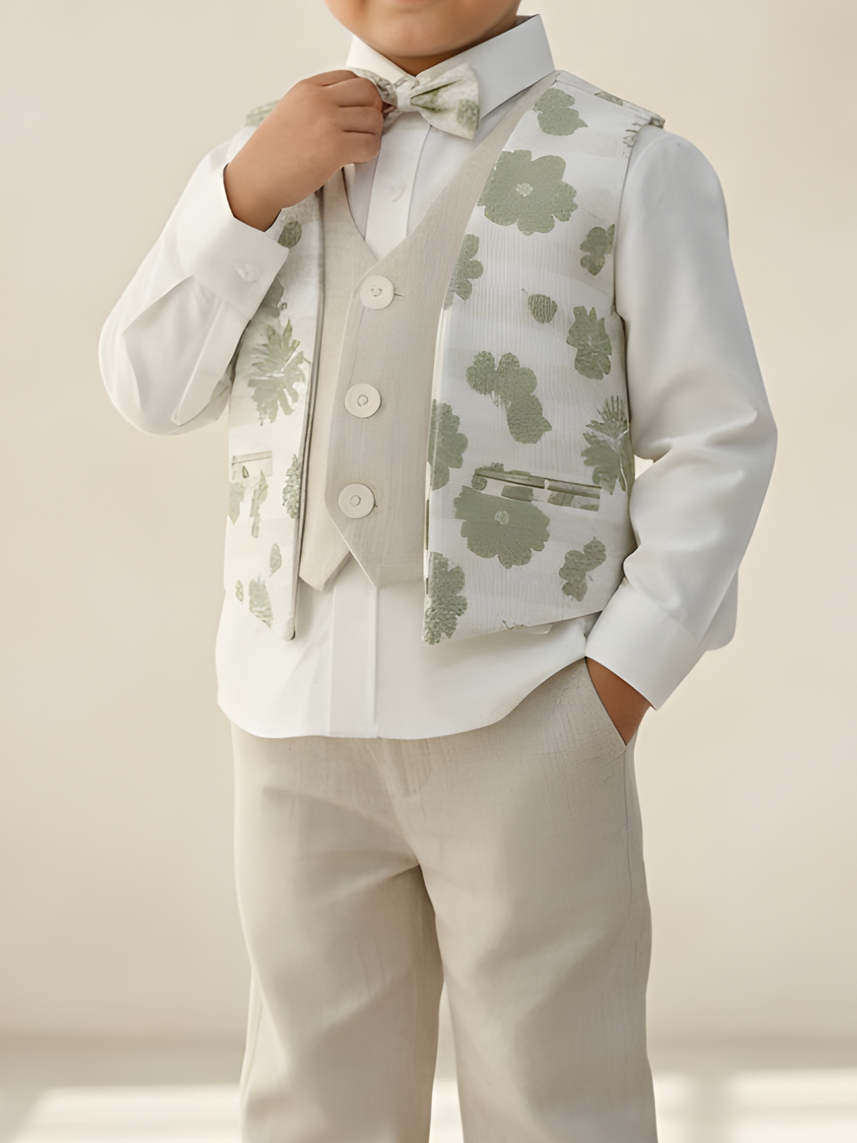 Boys' Cream Floral Waistcoat Set with Bow Tie - 4-Piece Formal Suit