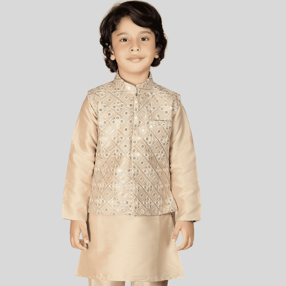 Boys Traditional With Work Chudidar Kurta with Koti - Fawn