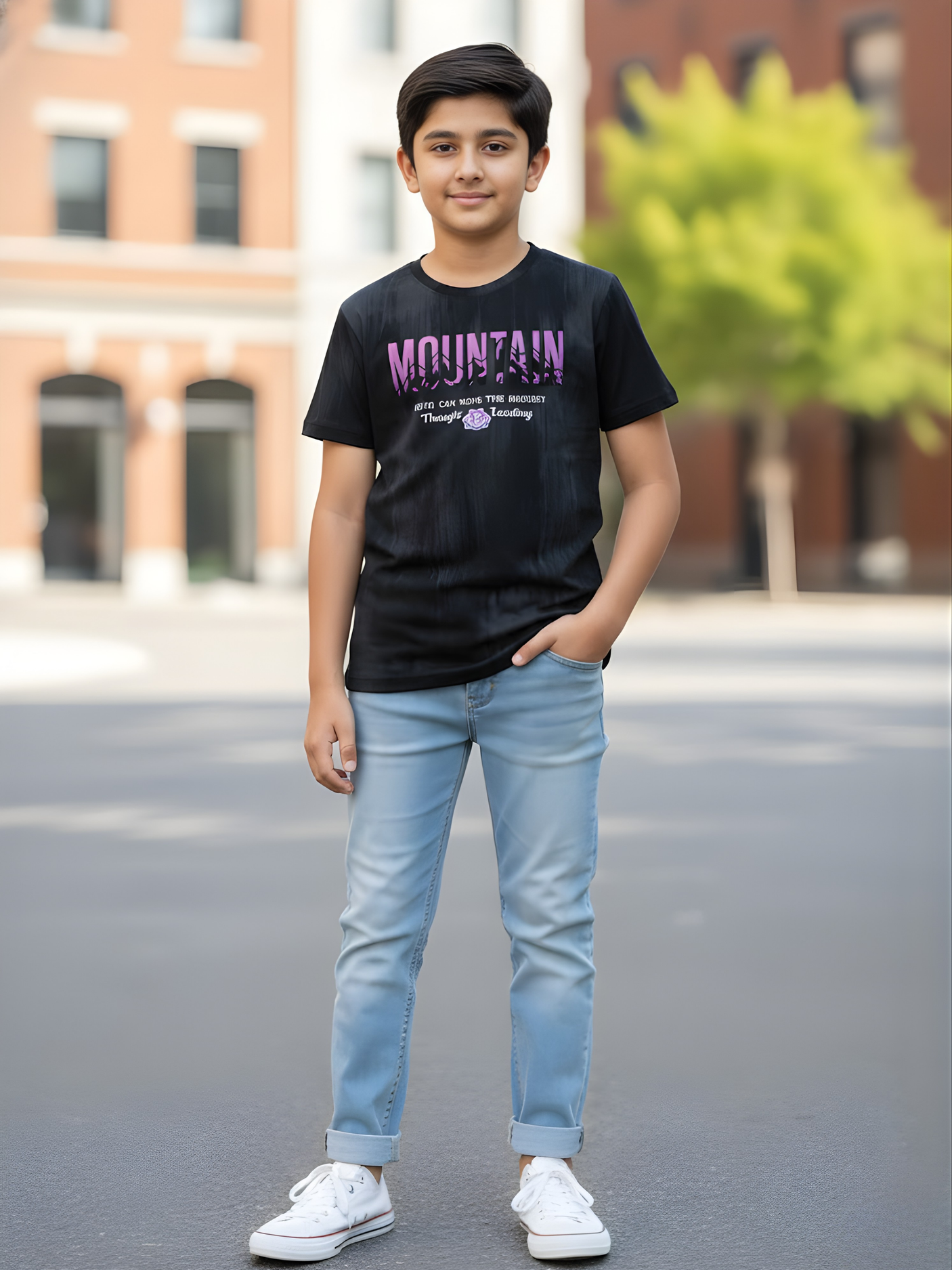 Boys Black "Mountain" Graphic Printed T-Shirt