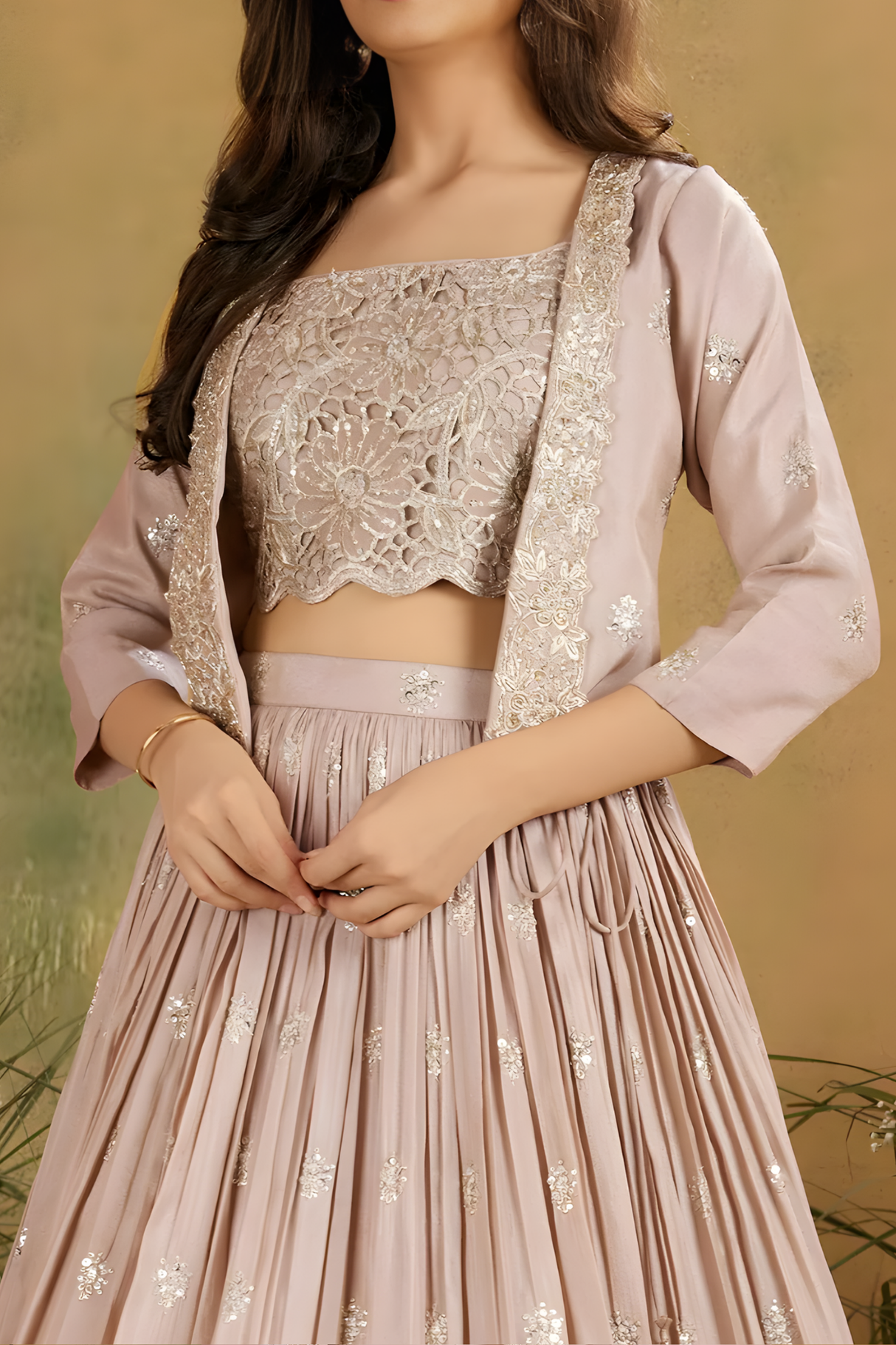 Girls' Floral Embroidered Jacket and Cream Lehenga Choli Set