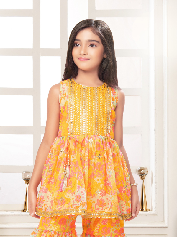Girls Traditional Sleeves Less Sharara Set - Yellow