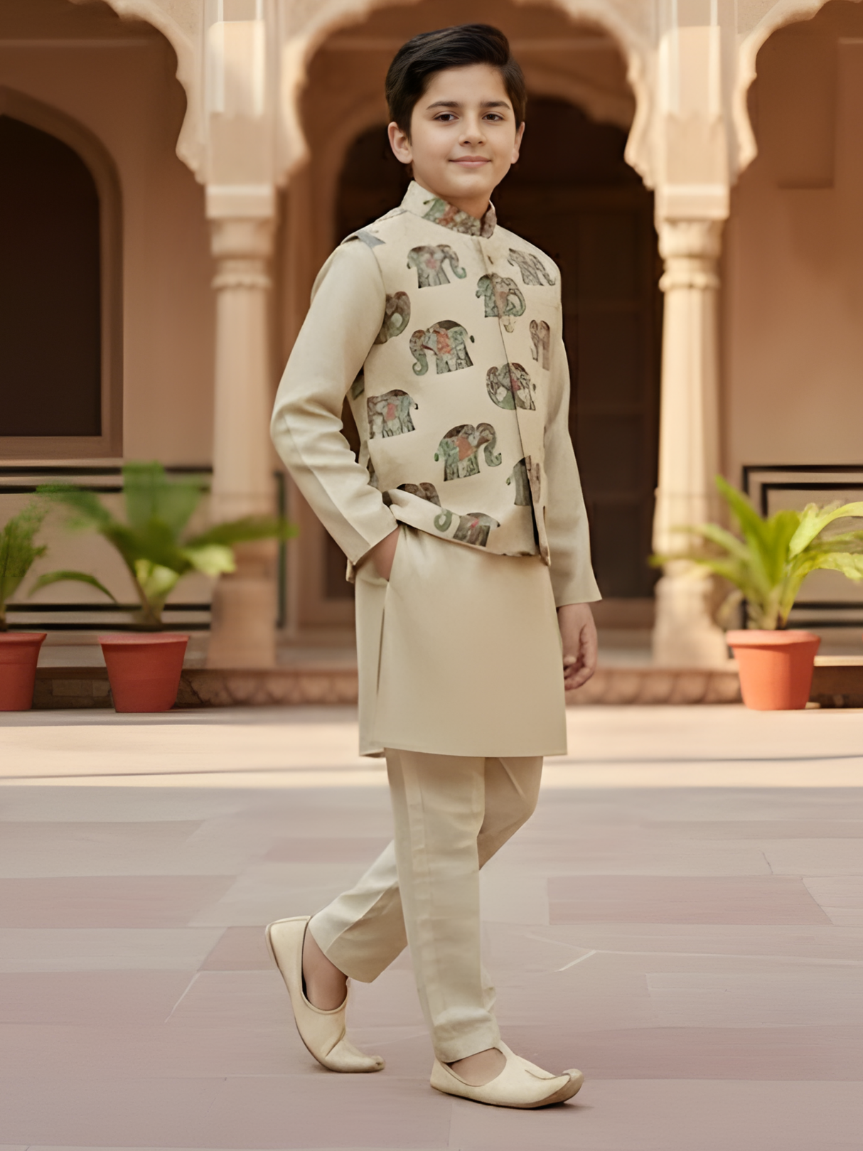 Boys Cream Kurta Set with Elephant Print Nehru Jacket