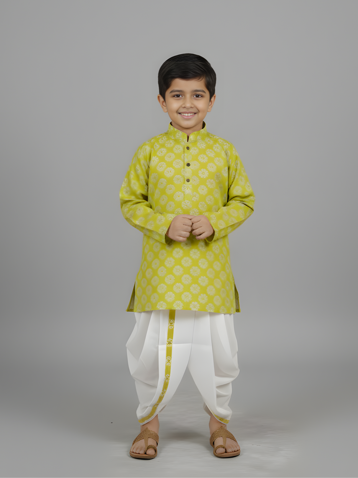 Boys' Lime Green Geometric Printed Kurta with White Dhoti Set