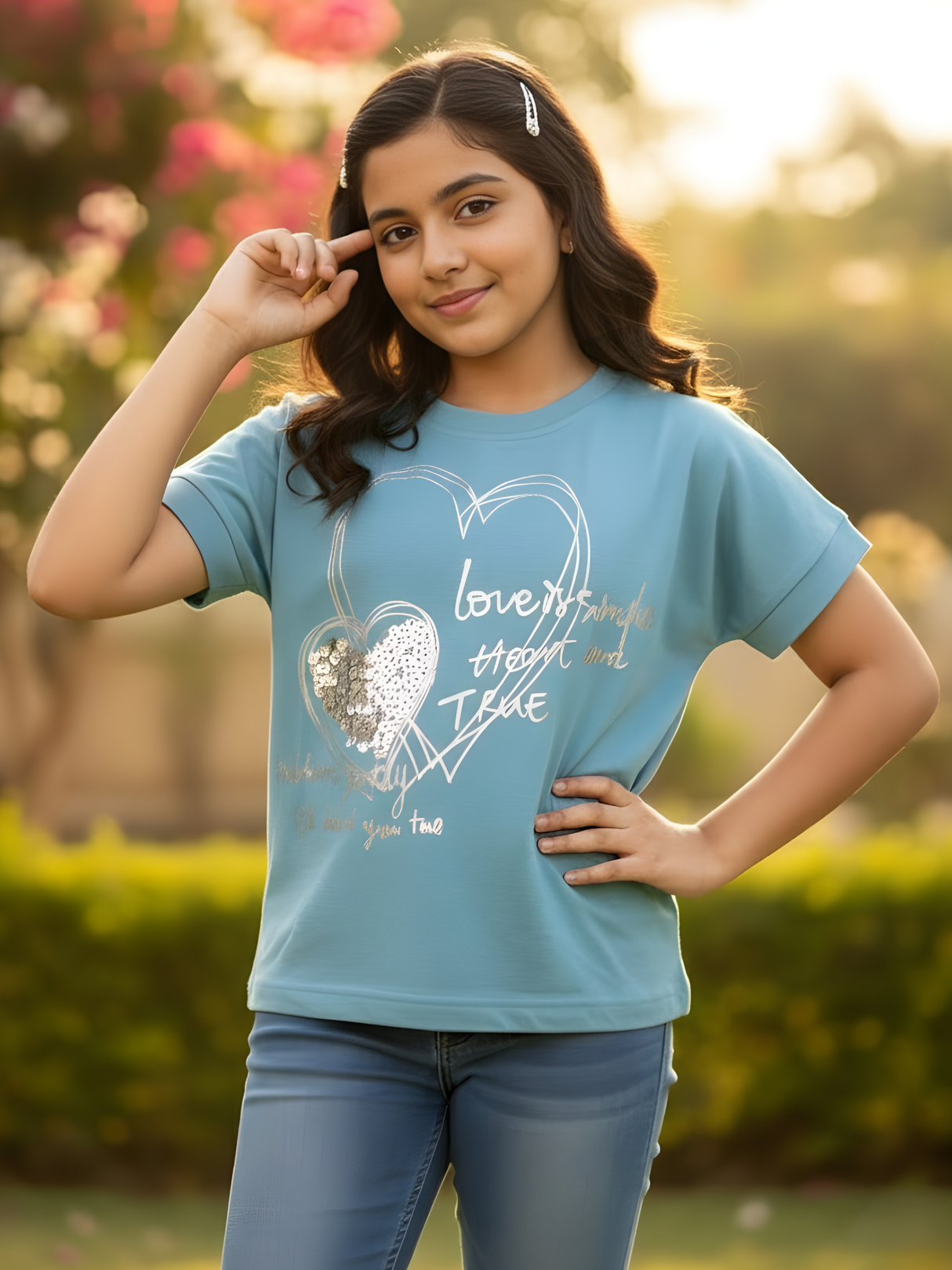 Girls' Serene Blue Heart Graphic Top.