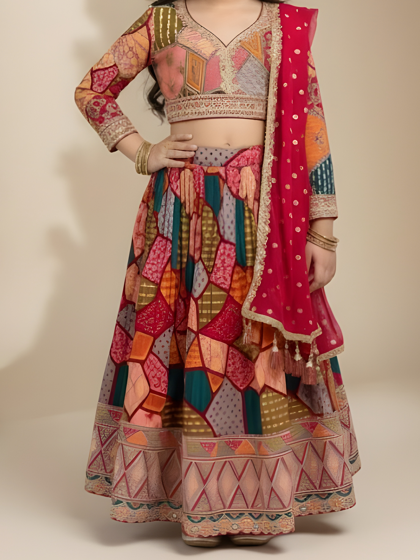 Girls' Deep Pink Floral Print Crop Top (Choli) and Striped Lehenga Set