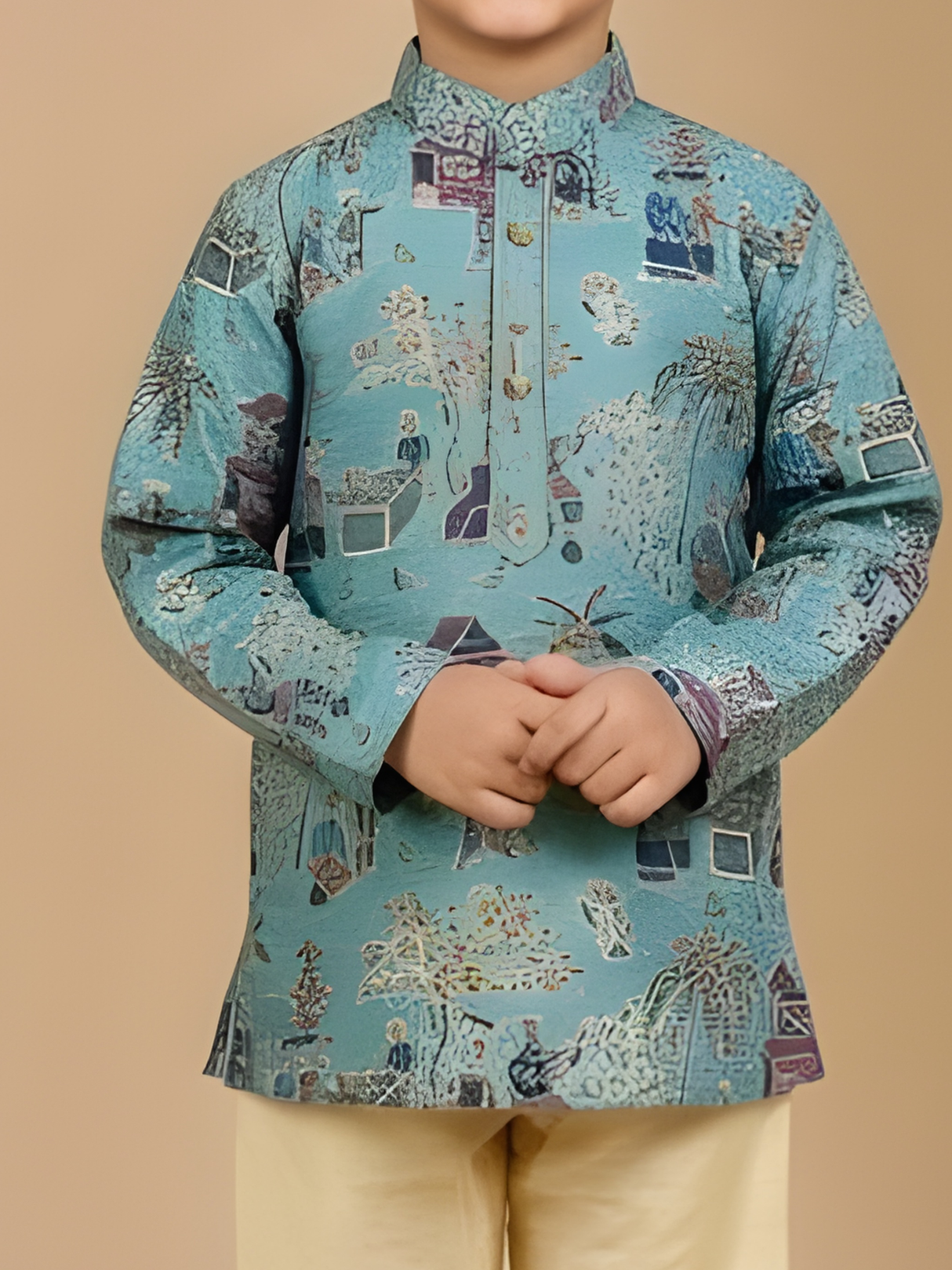 Boys' Teal Batik/Kalamkari Style Scenic Print Kurta Pajama Set