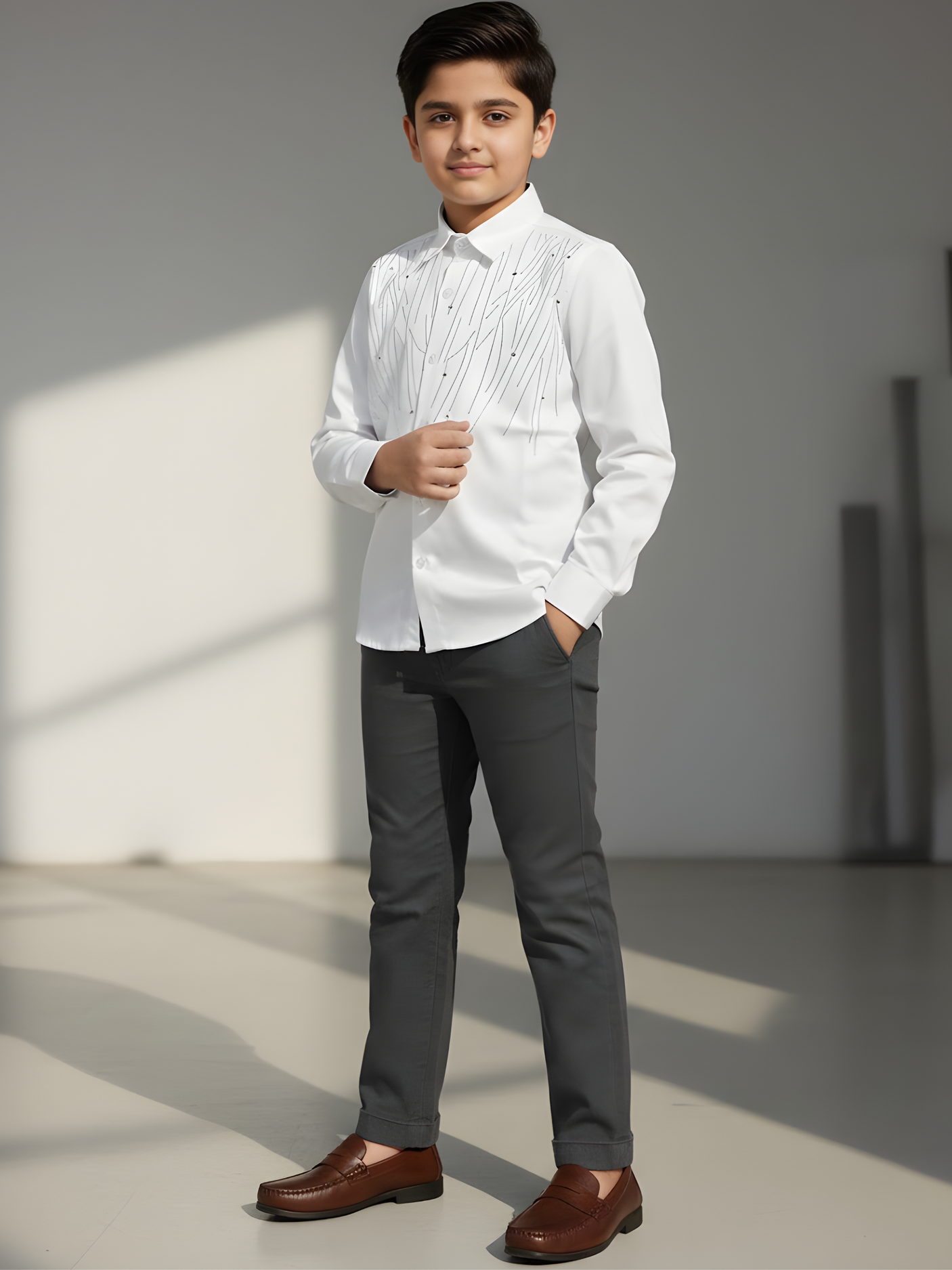 Boys White Tonal Embroidered Party Wear Shirt