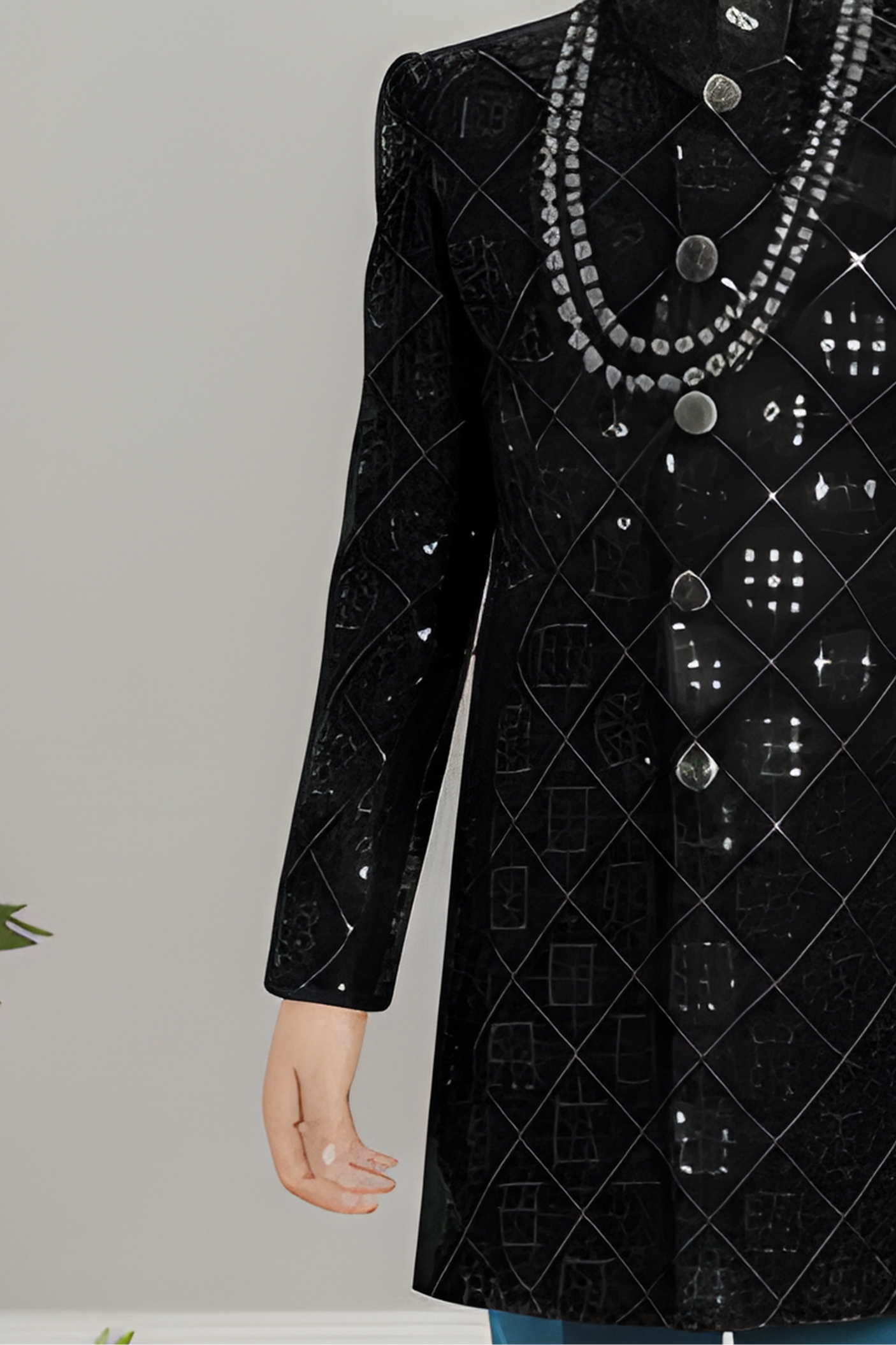 Boys' Green Sequined Sherwani with Teal Trousers Set