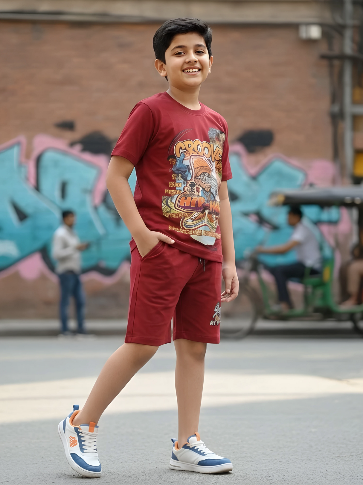 Boys Maroon Hip-Hop Graphic Printed Cotton Coordinate Set