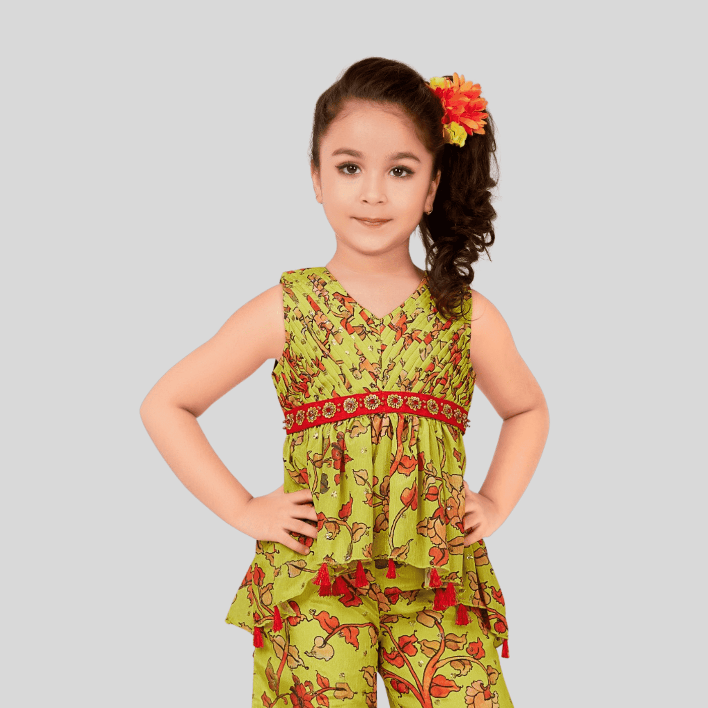 Girls Traditional Sleeves Less Plazo Two Pcs Set - Green