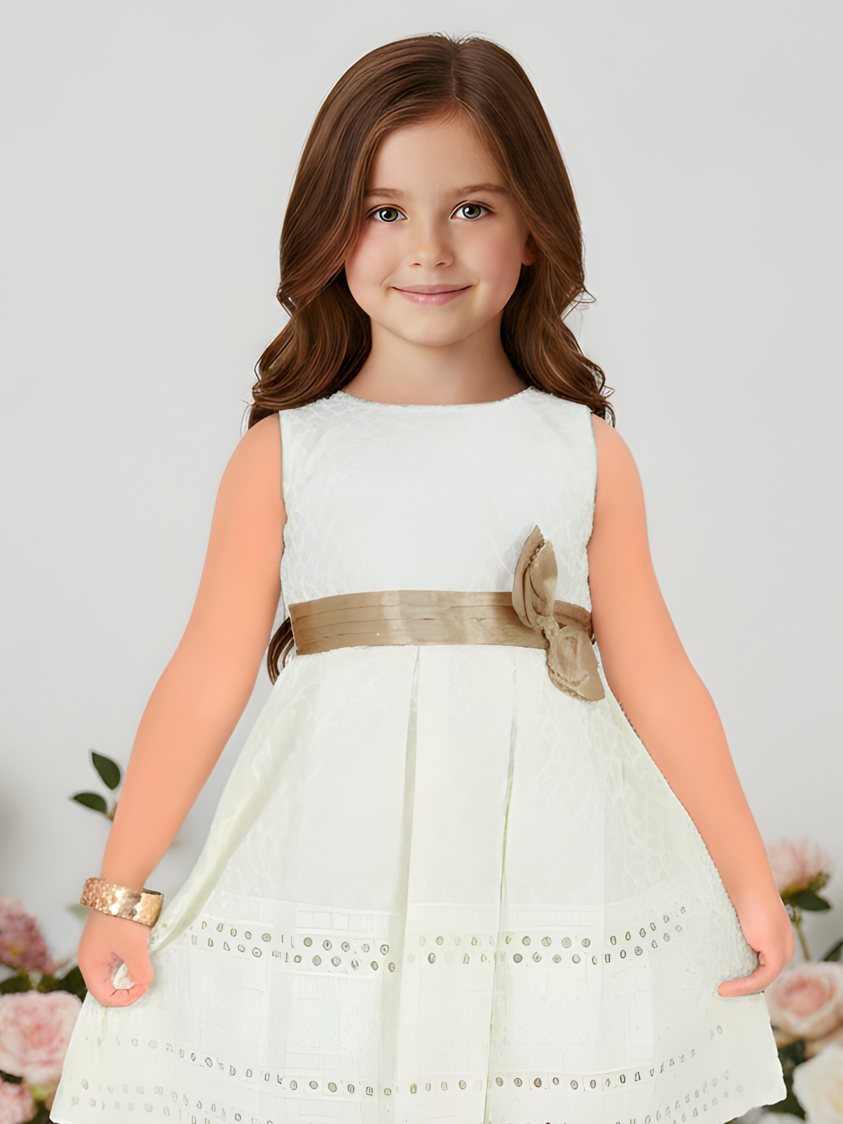 Elegant Beige & Gold Embroidered A-Line Girls' Party Dress
