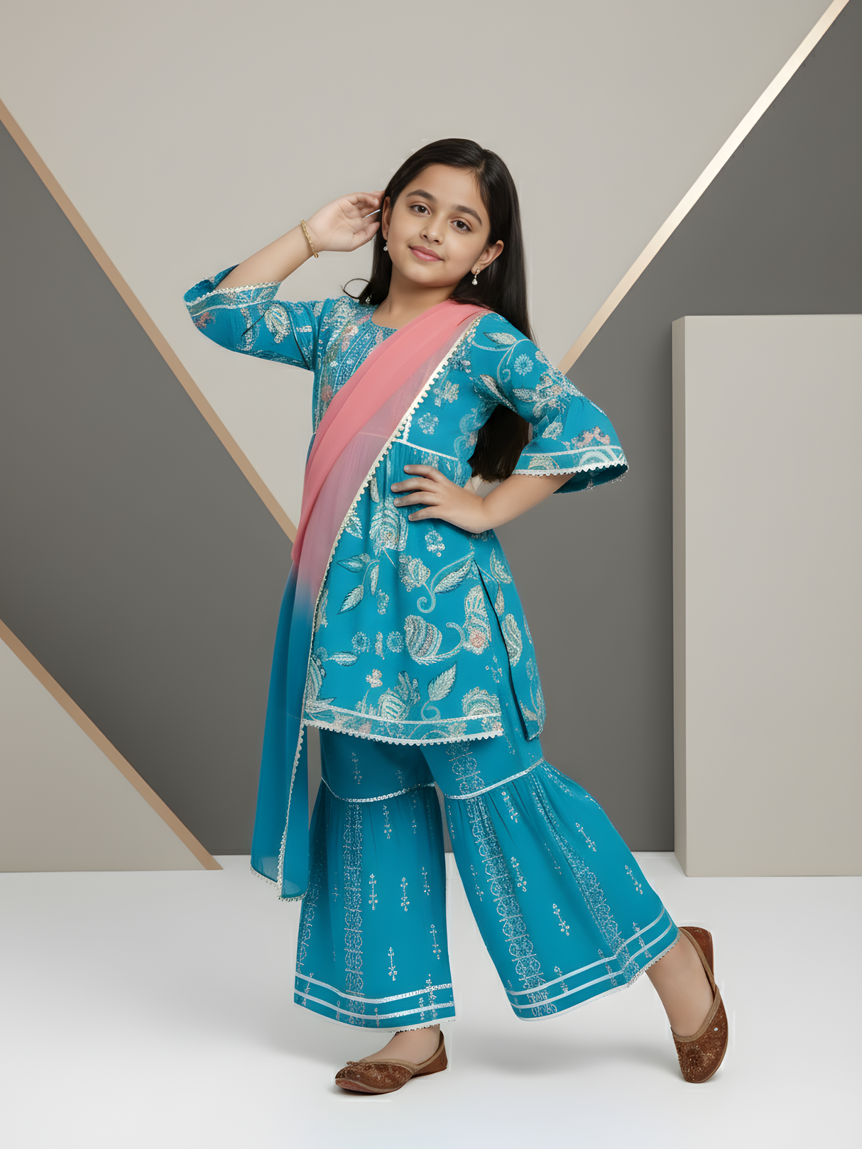 Girls' Turquoise Floral Print Kurta & Gharara Set with Pink Dupatta.