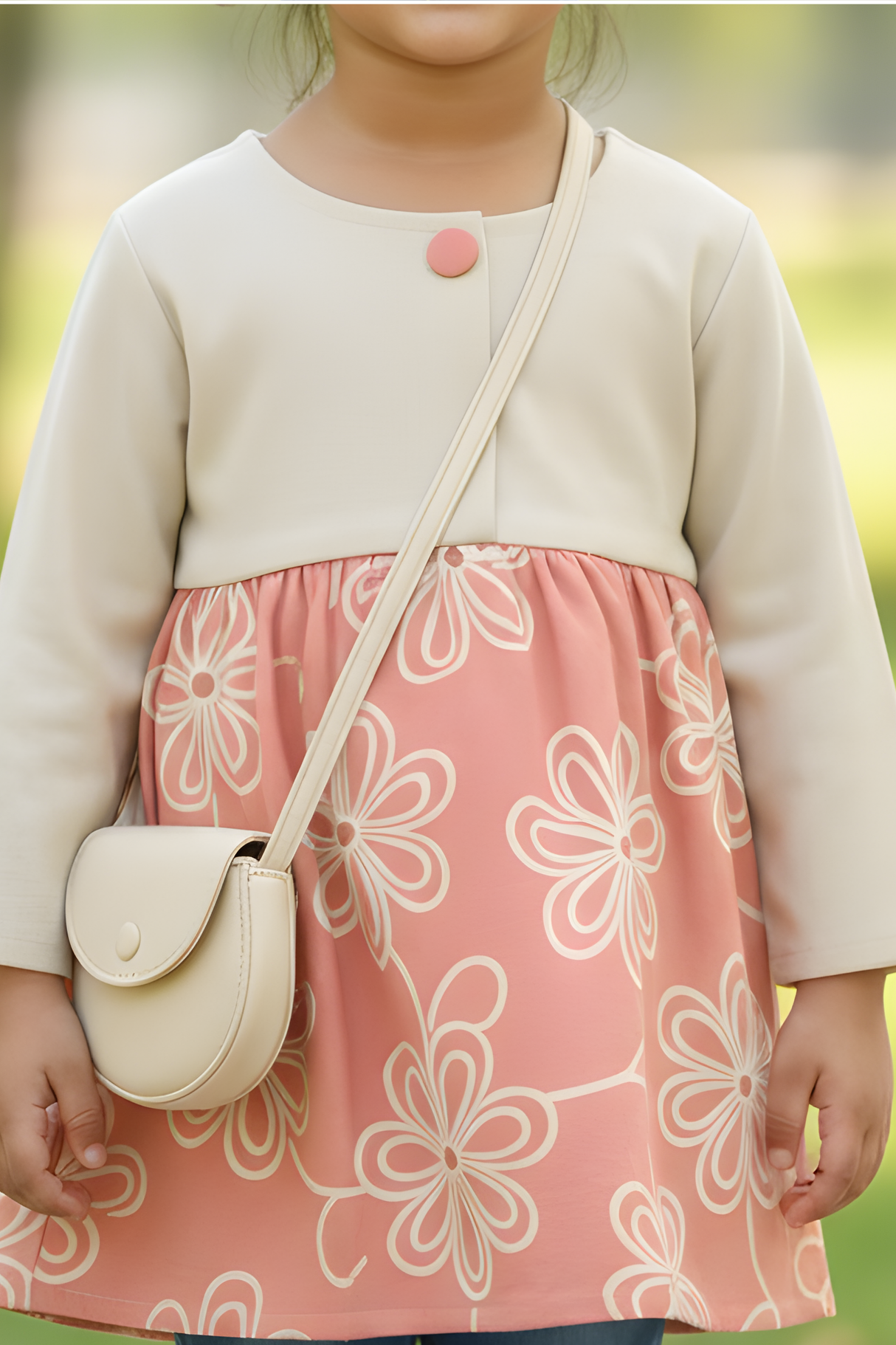 Girls' Peach Floral Cotton Dress with Handbag Set