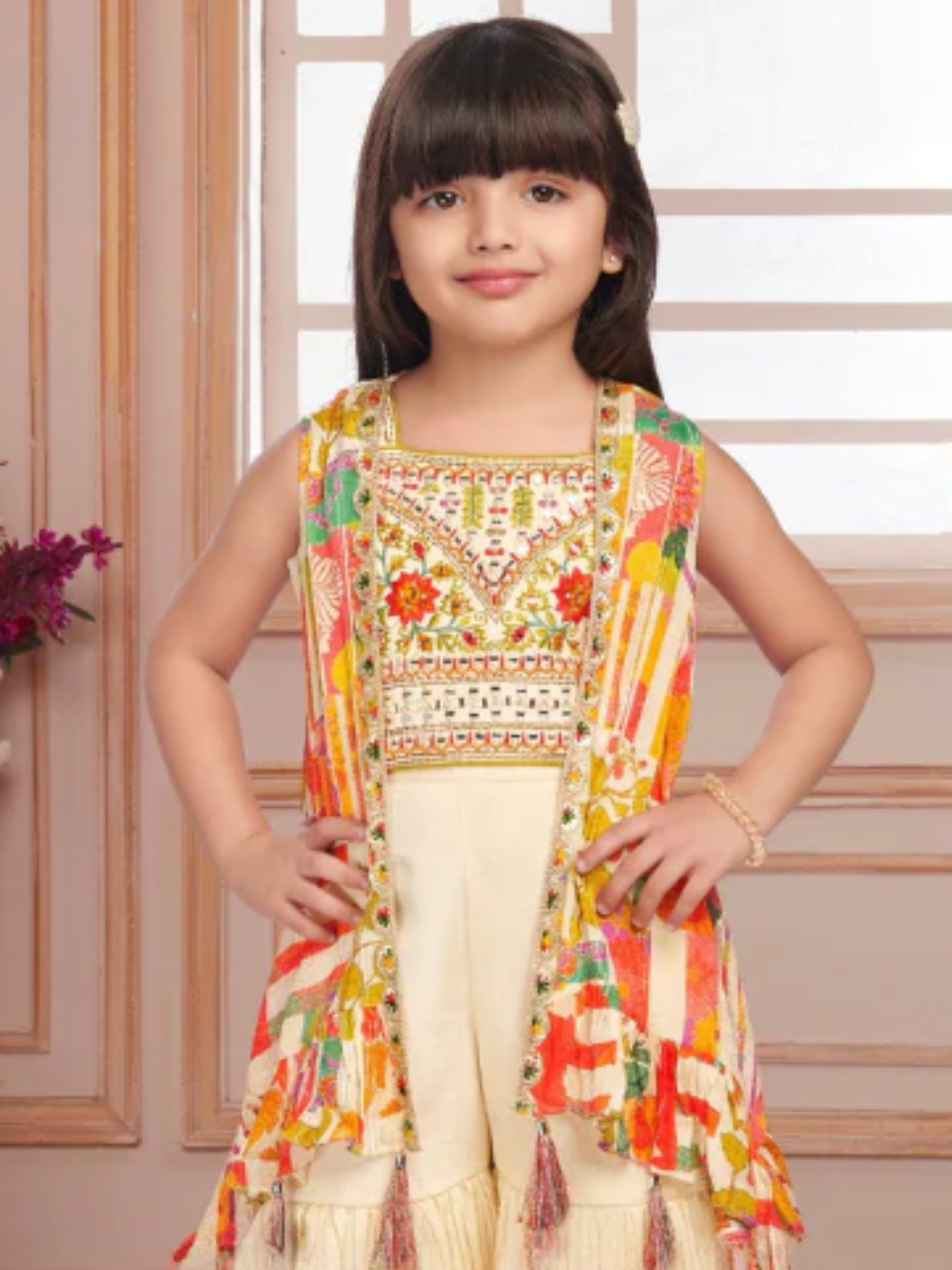 Girls Traditional Sleeves Less Sharara Set - Cream