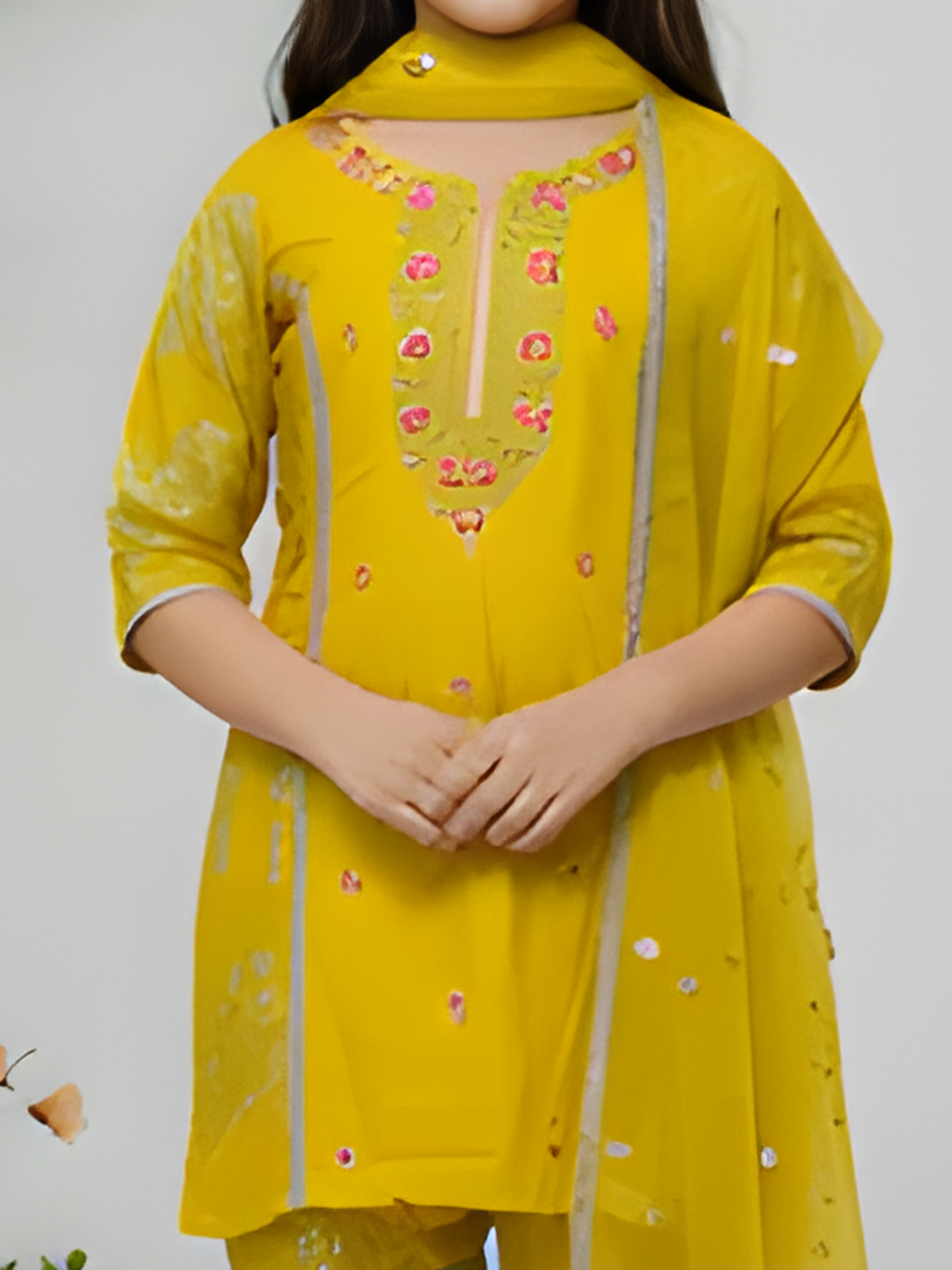 Girls' Festive Yellow Printed Kurta, Sharara and Dupatta Set