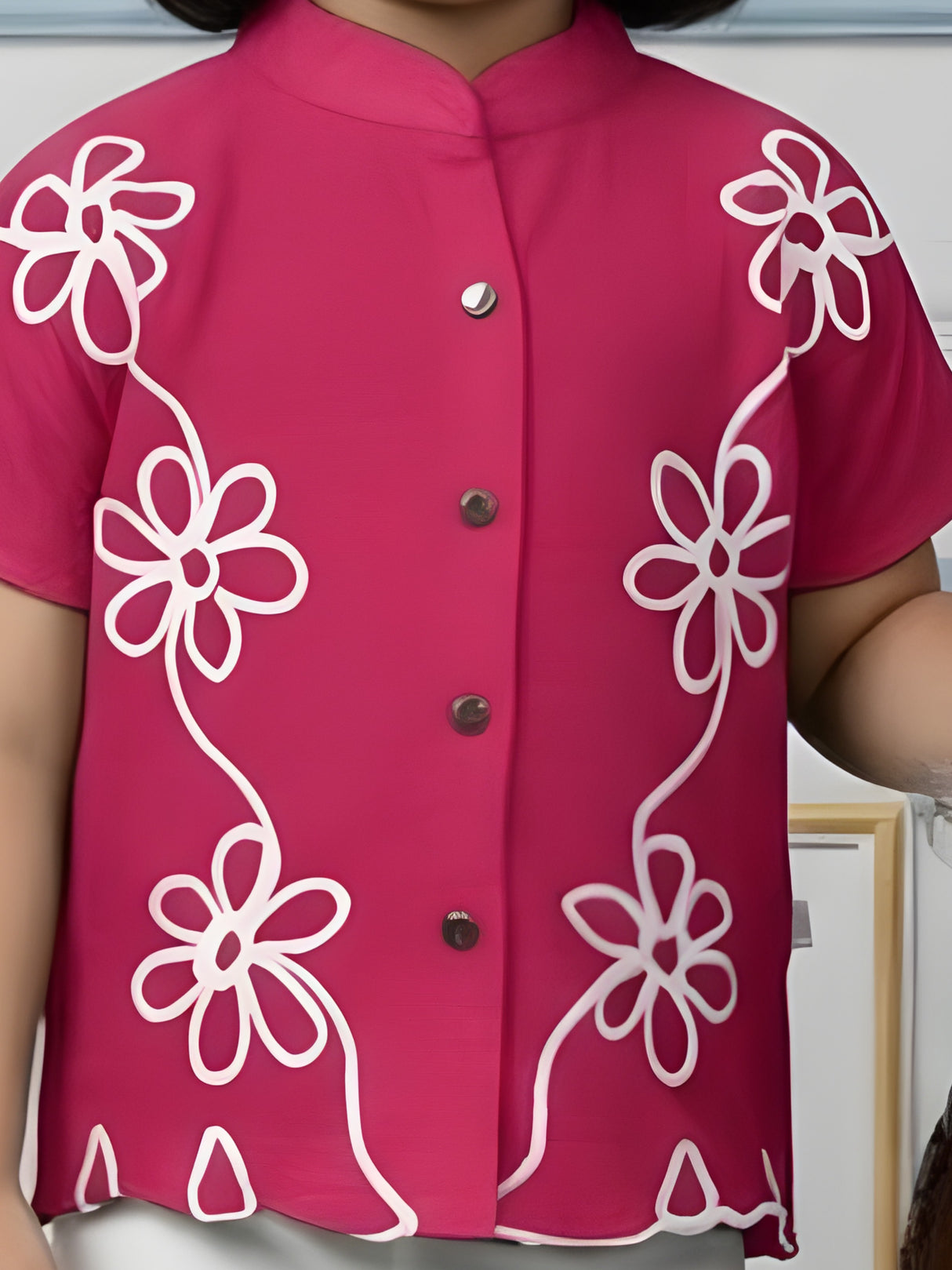 Girls Deep Pink Mandarin Collar Shirt with White Floral Embroidery