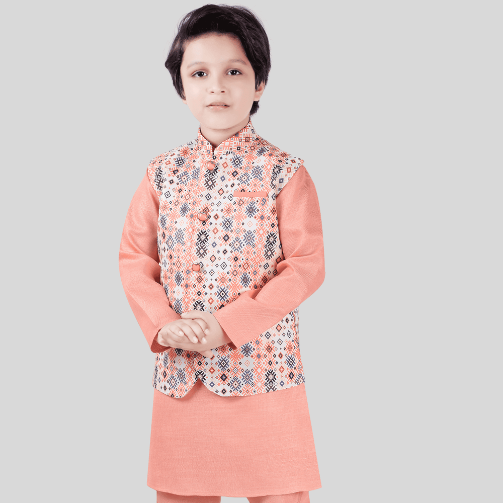 Boys Traditional Printed Chudidar Kurta with Koti - Peach