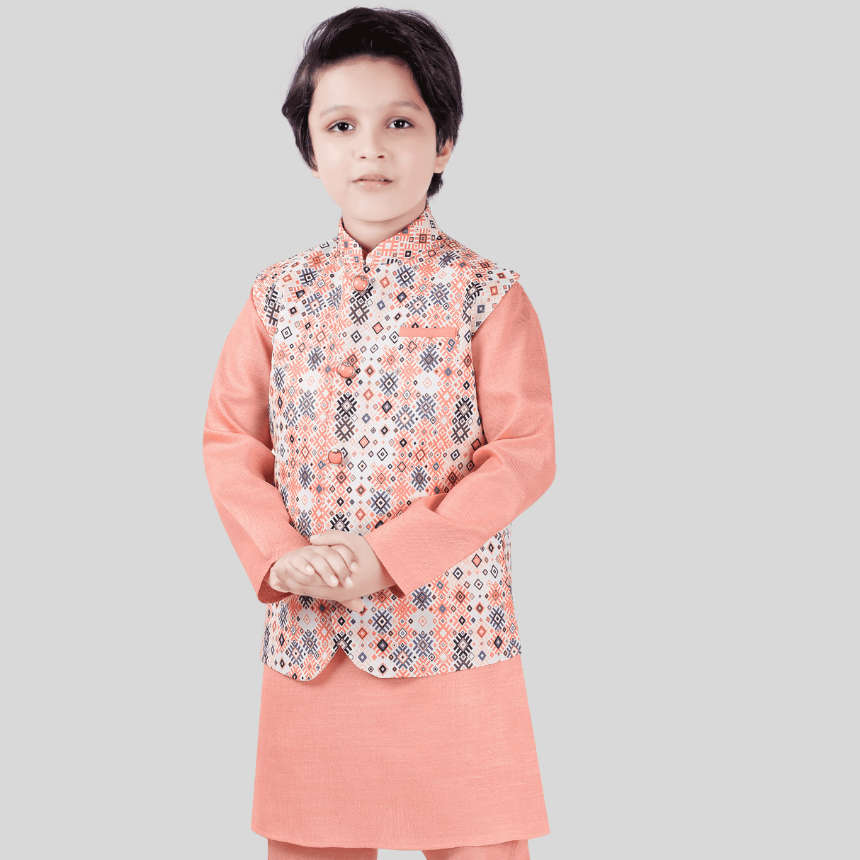 Boys Traditional Printed Chudidar Kurta with Koti - Peach