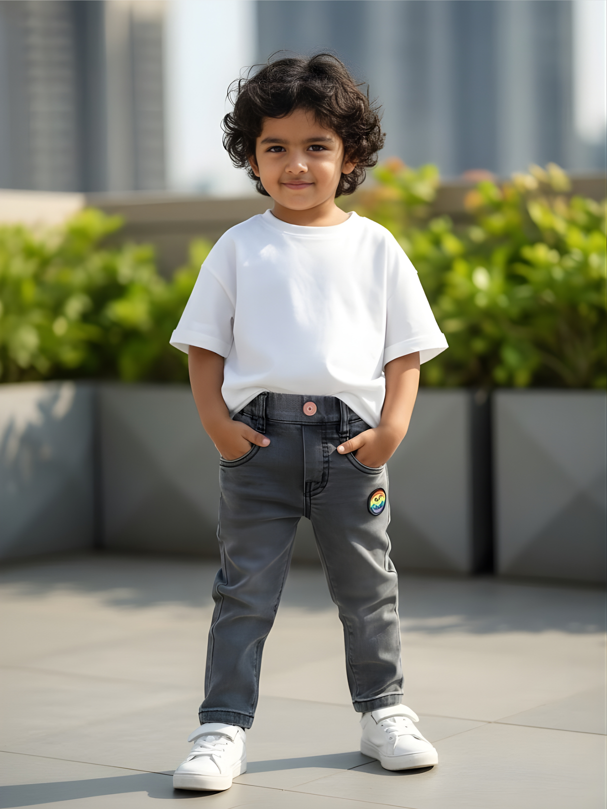Boys' Stylish Grey Slim Fit Jeans with Rainbow Patch