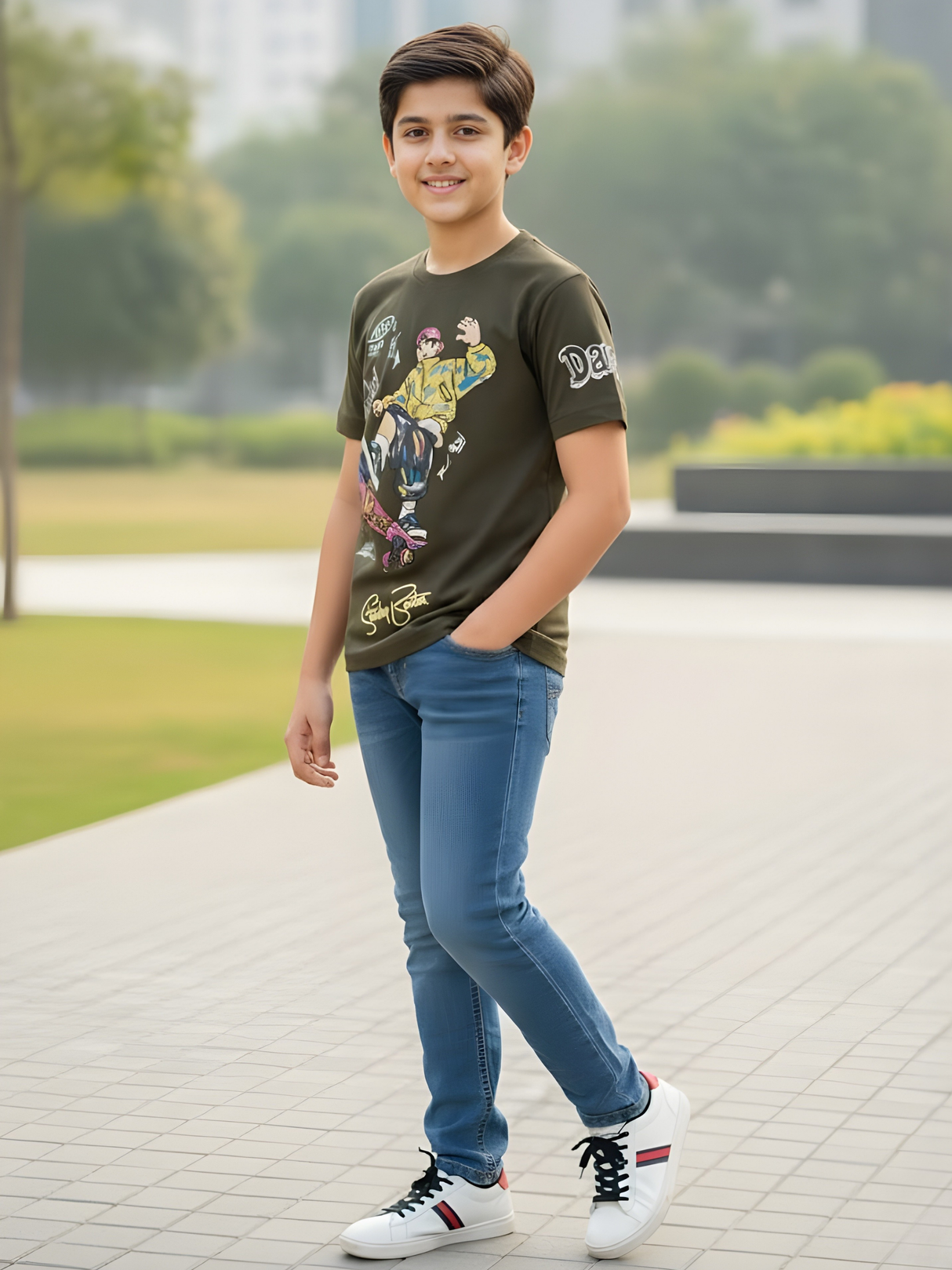 Boys' Olive Green Skater Graphic Tee with Bold Street Art Print