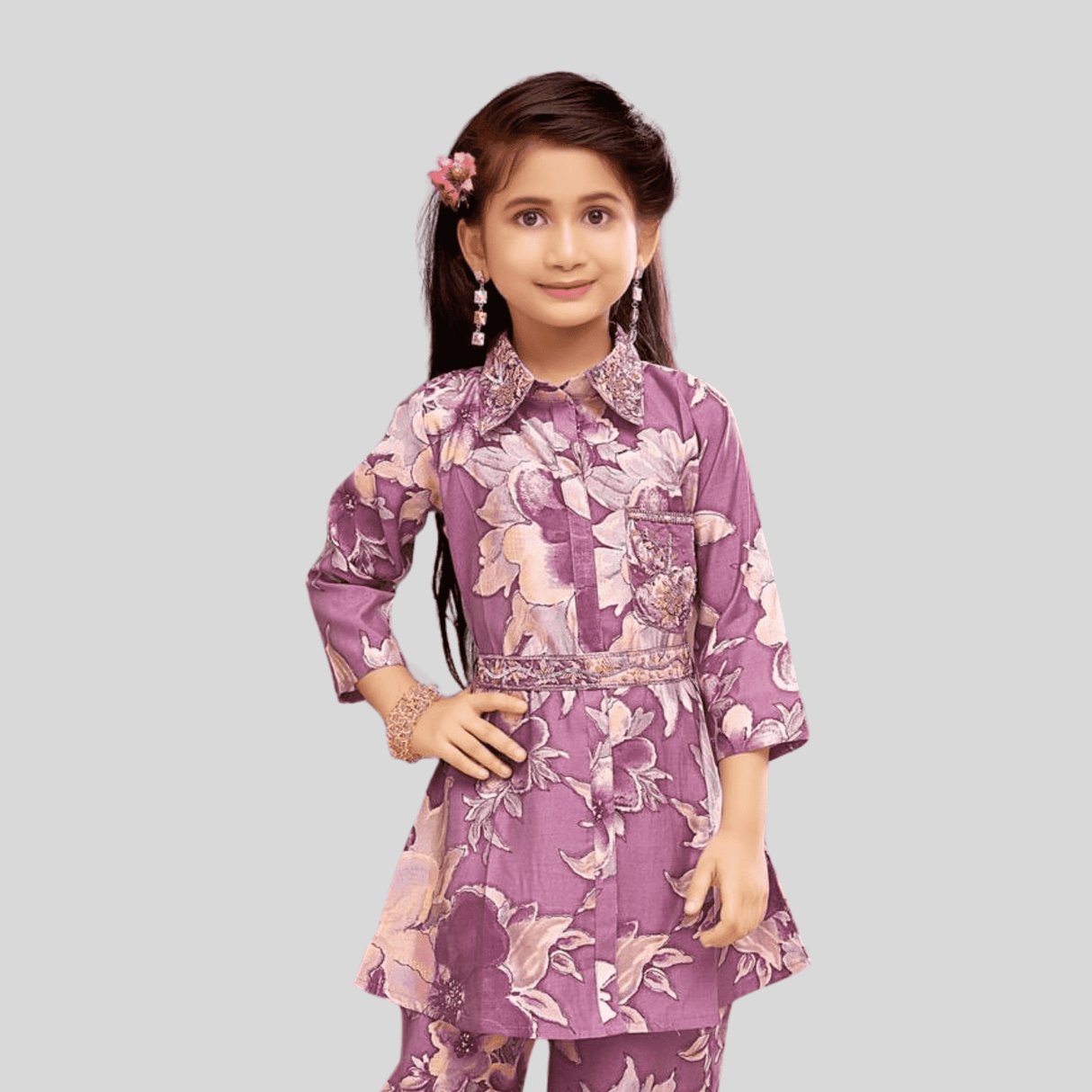 Girls Traditional 3/4th Sleeves Pant Set - Purple