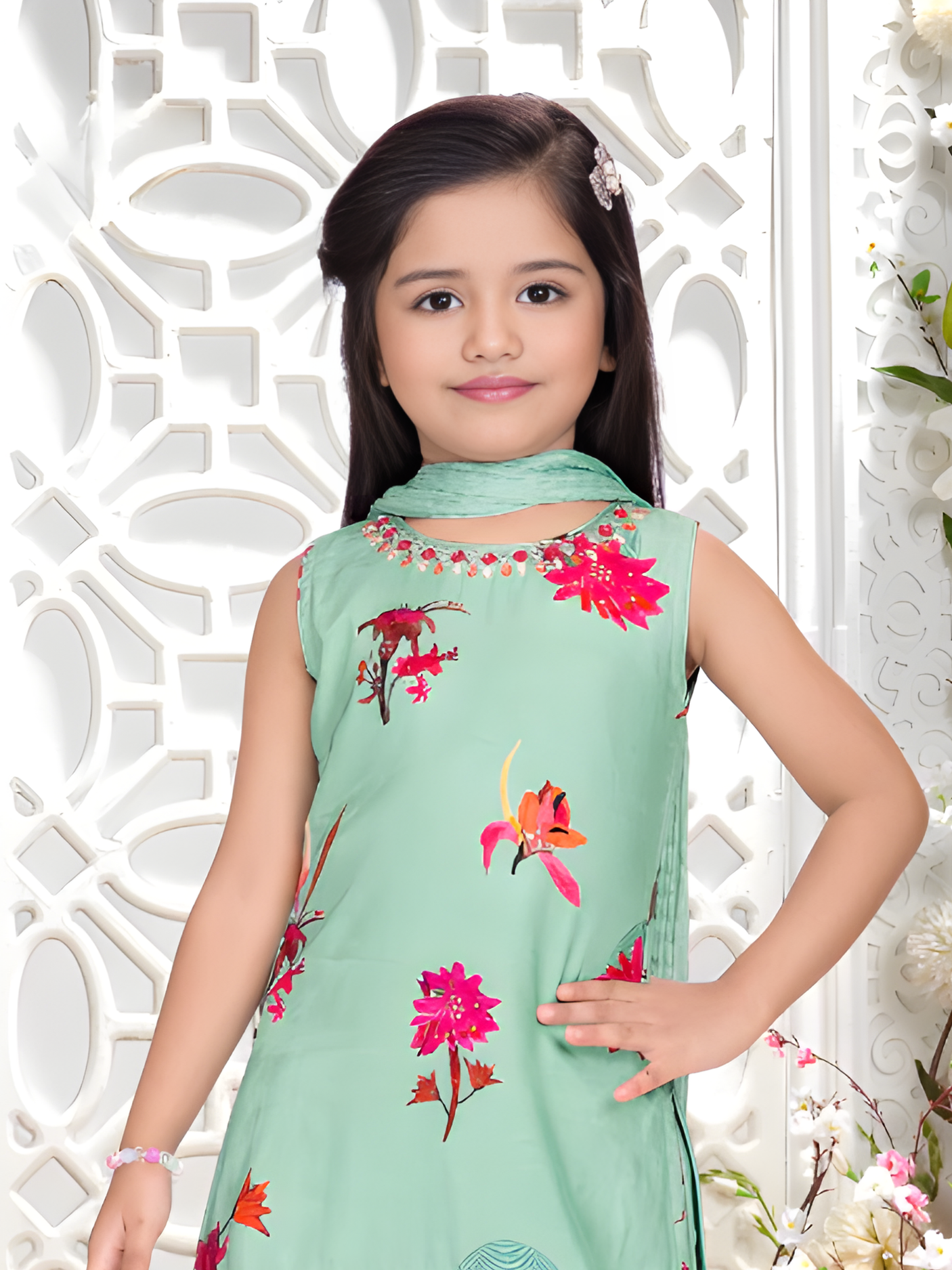 Girls' Green Floral Print Kurta Sharara Set with Dupatta