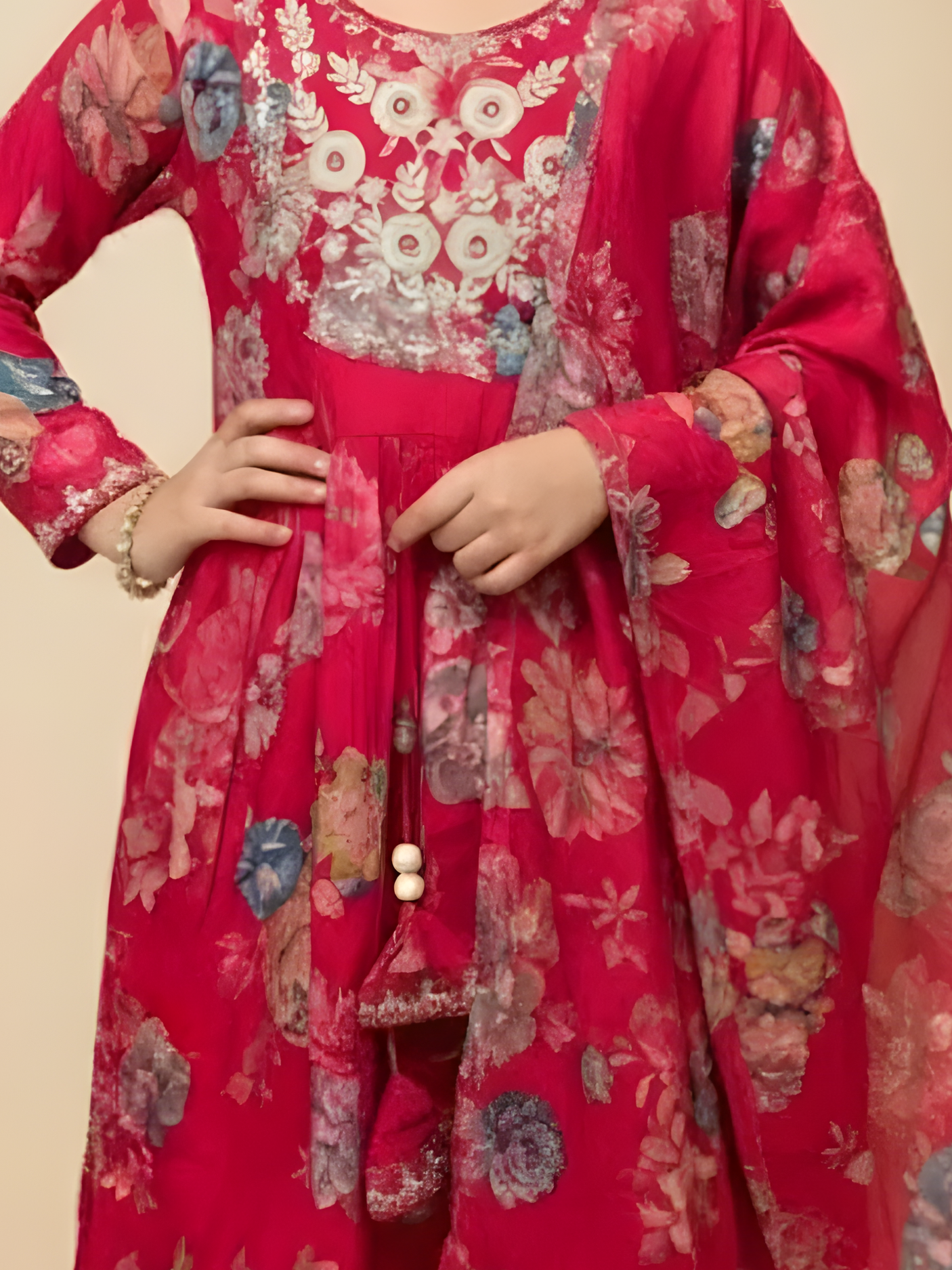 Girls Floral Print Fuchsia Anarkali Kurta & Palazzo Set with Dupatta
